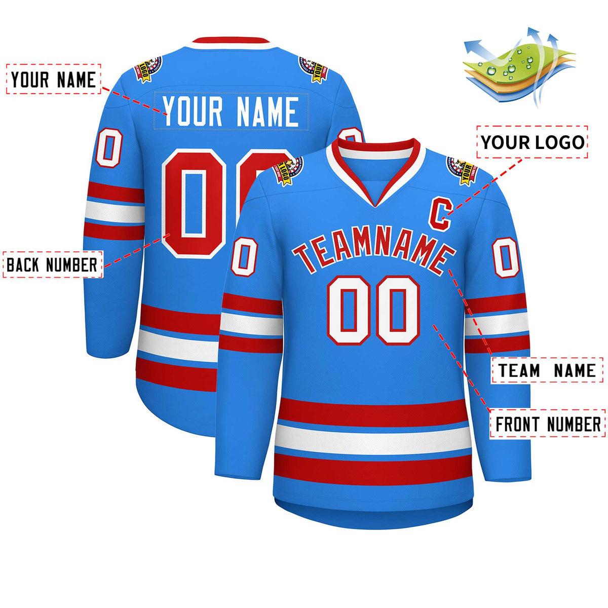 Custom Powder Blue Red-White Classic Style Hockey Jersey | KXKSHOP