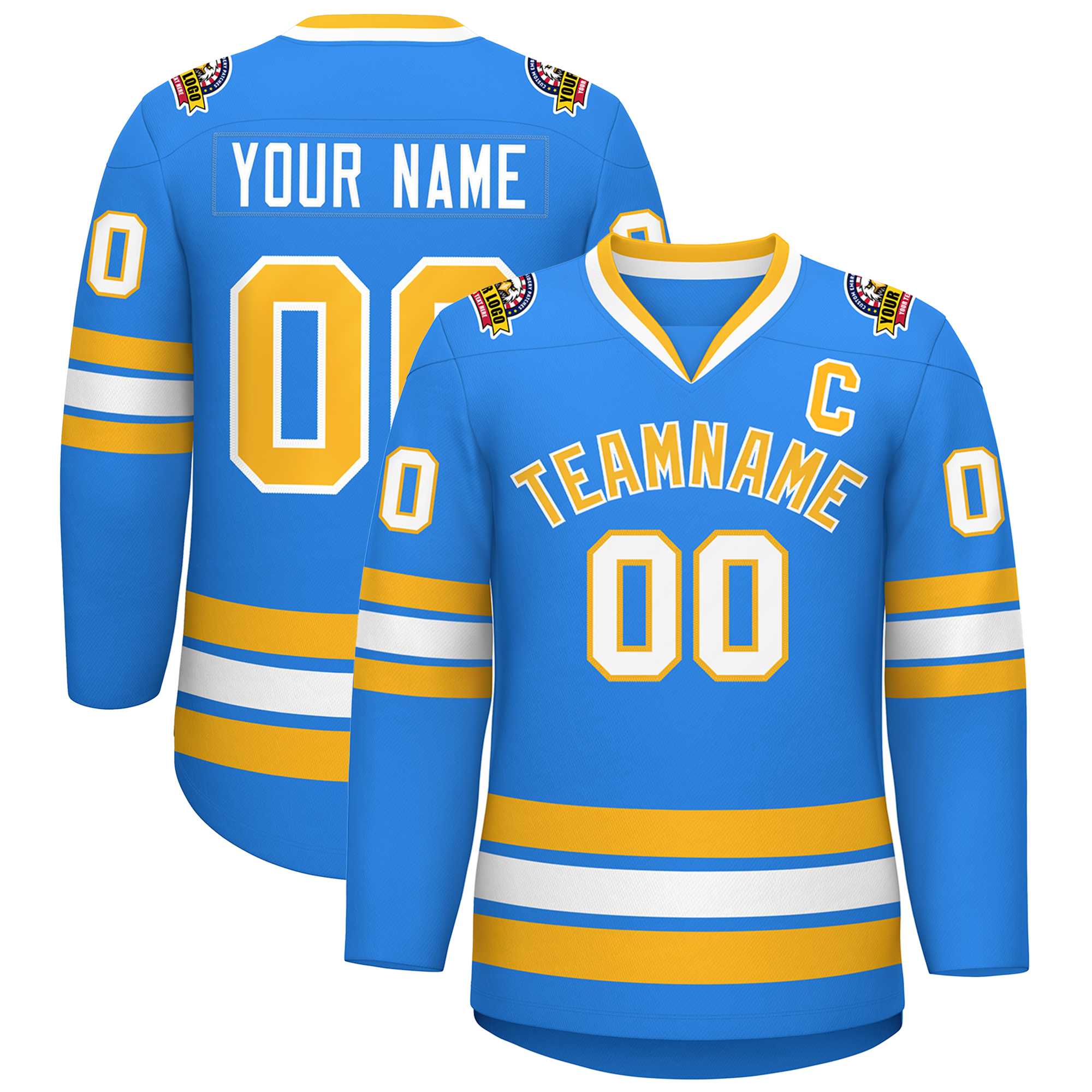 Custom Powder Blue Gold-White Classic Style Hockey Jersey | KXKSHOP