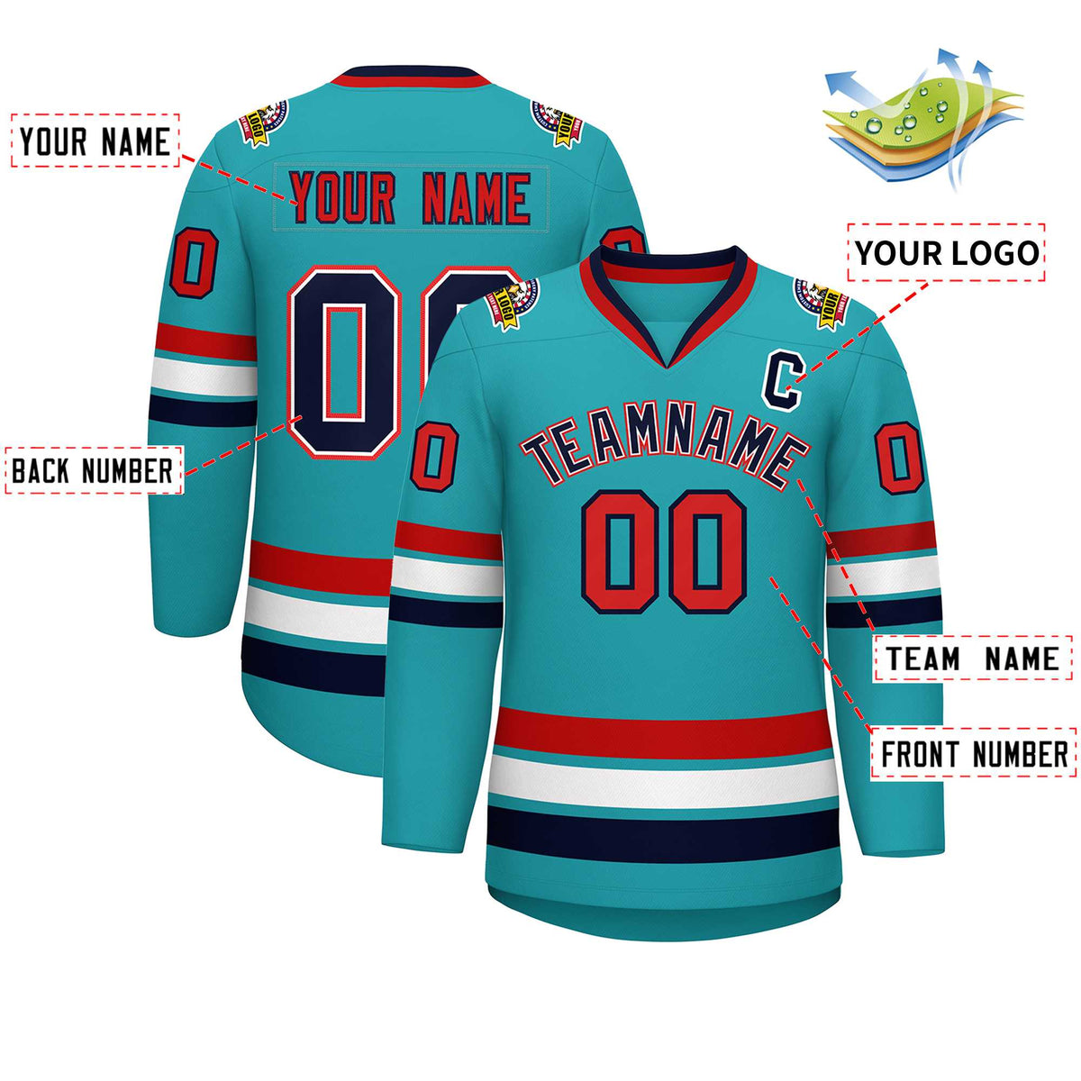 Custom Aqua Navy White-Red Classic Style Hockey Jersey | KXKSHOP