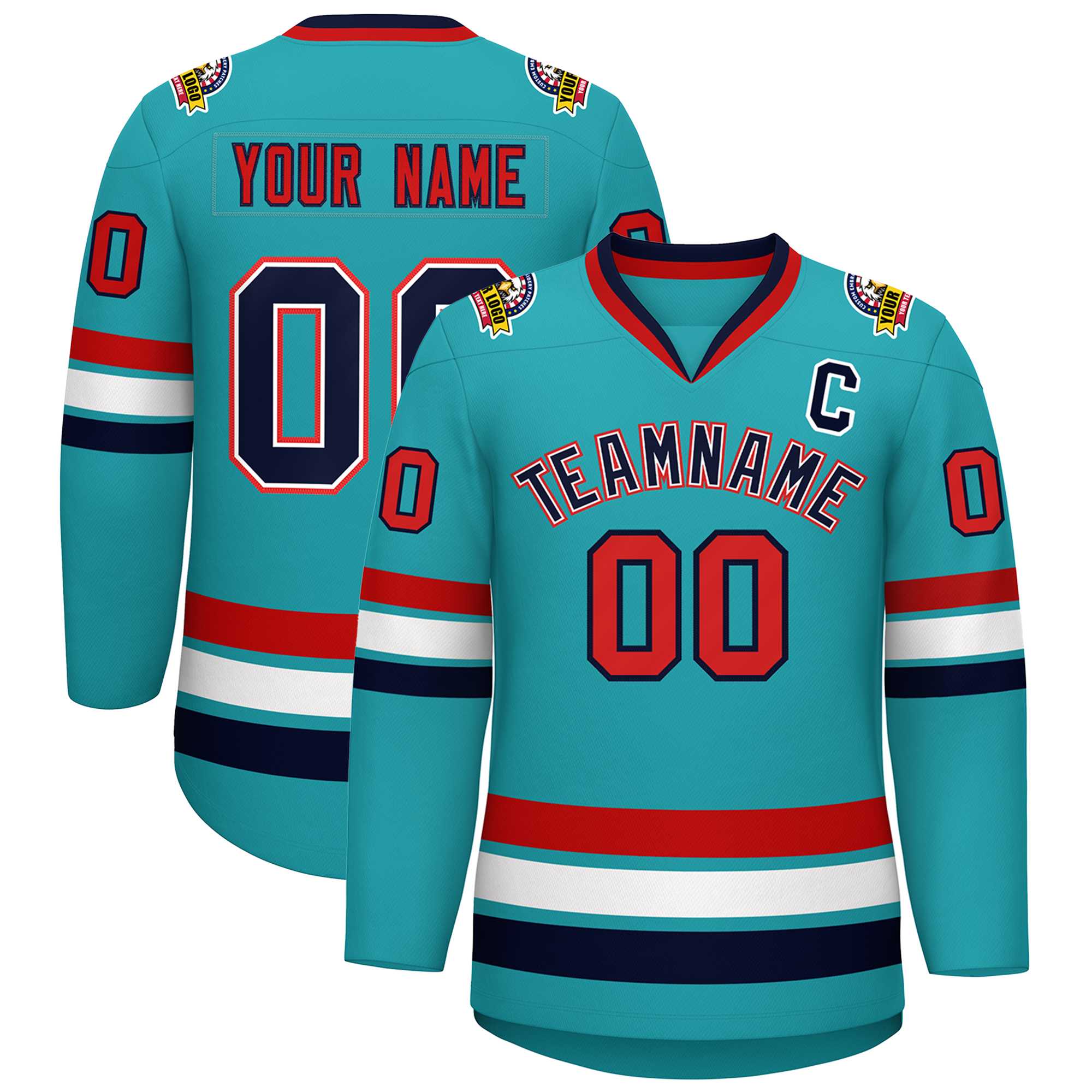 Custom Aqua Navy White-Red Classic Style Hockey Jersey | KXKSHOP