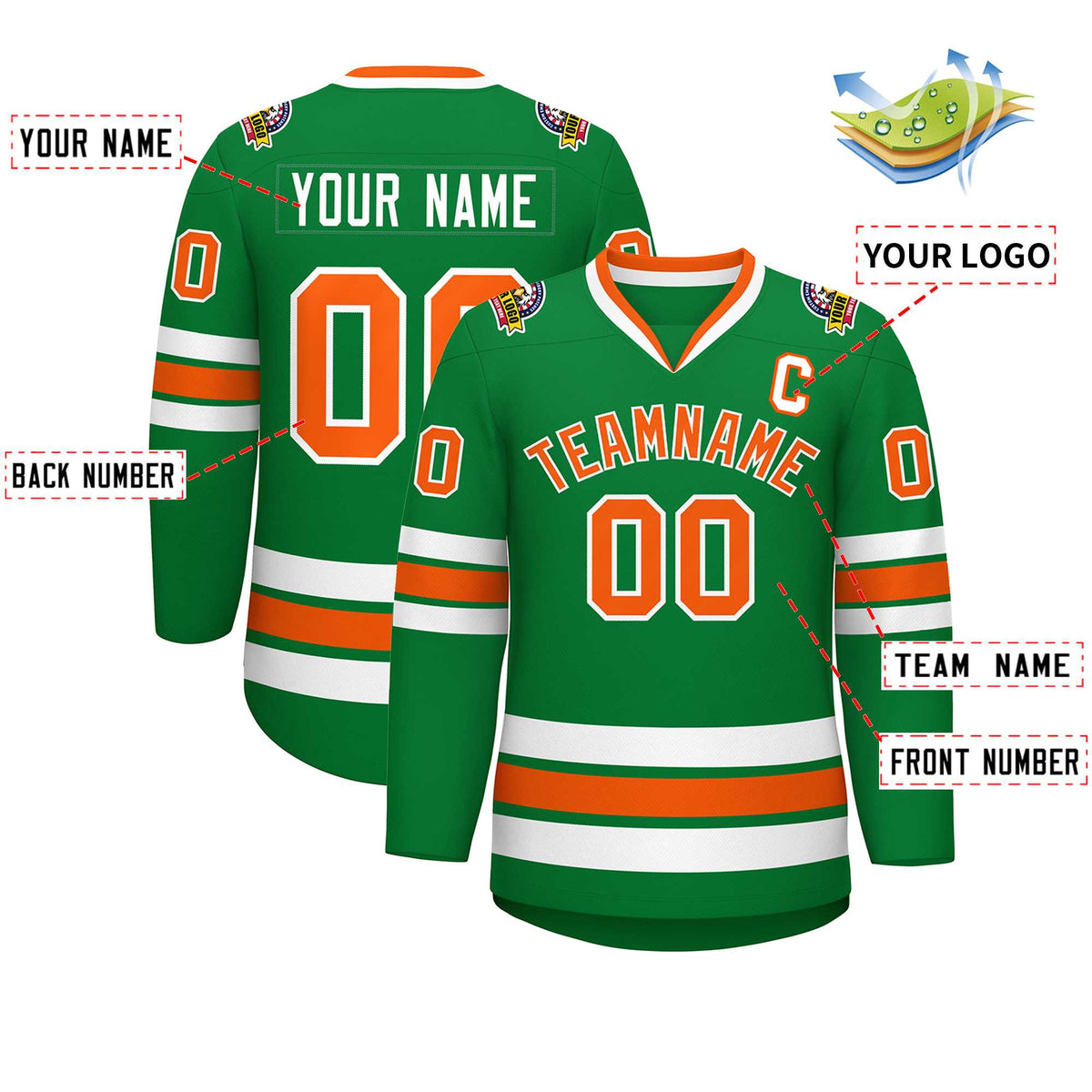 Custom Kelly Green Orange-White Classic Style Hockey Jersey | KXKSHOP