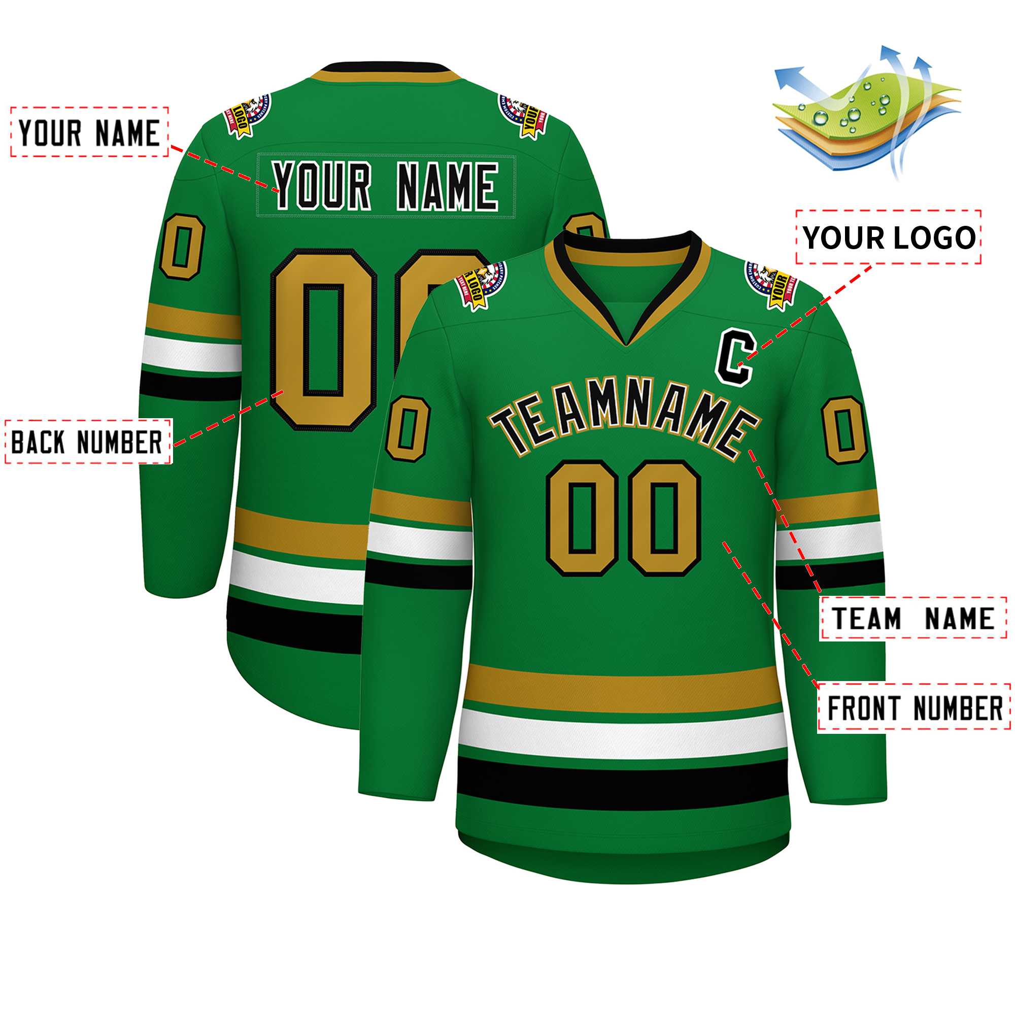 Custom Kelly Green Black White-Old Gold Classic Style Hockey Jersey | KXKSHOP