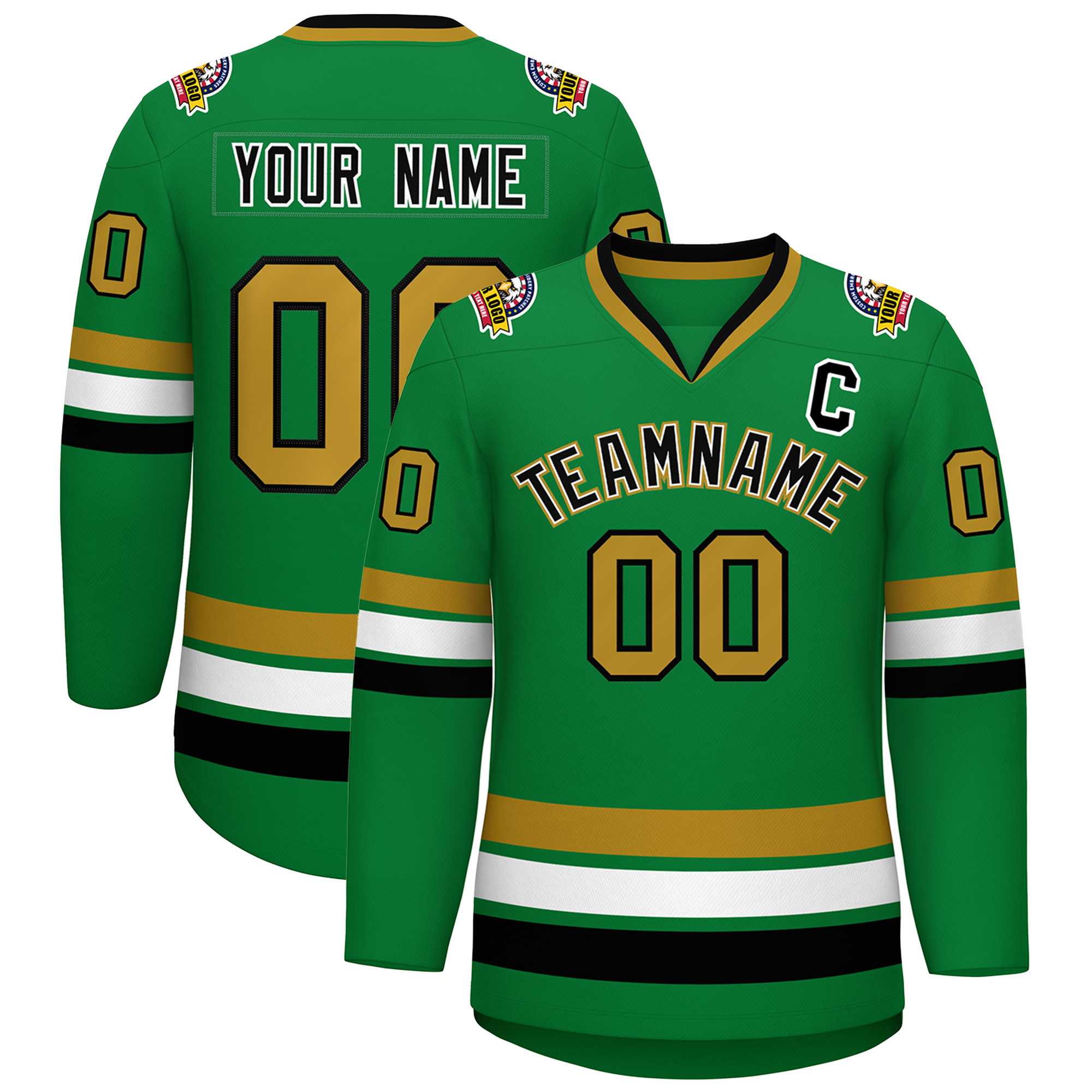 Custom Kelly Green Black White-Old Gold Classic Style Hockey Jersey | KXKSHOP