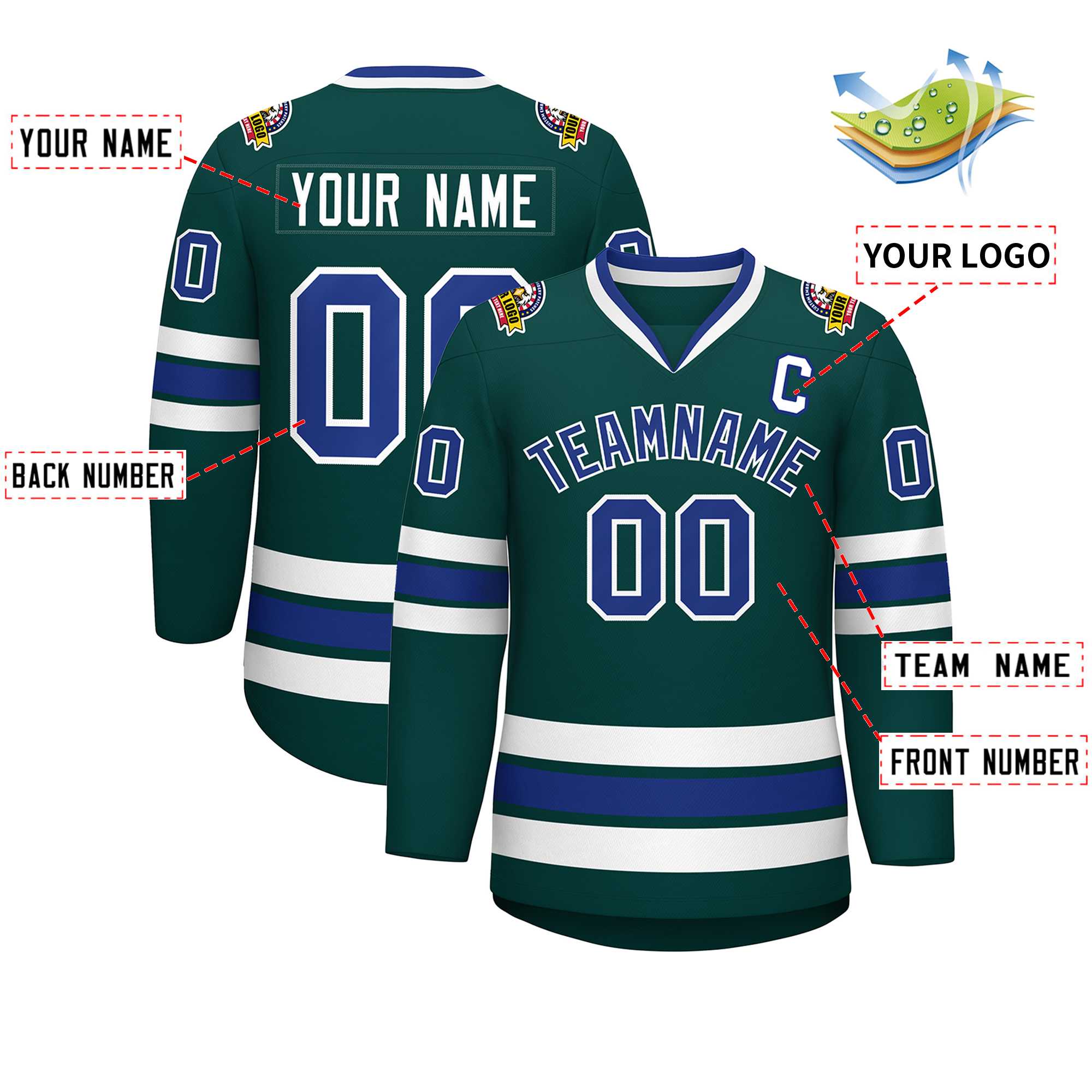 Custom Midnight Green Royal-White Classic Style Hockey Jersey | KXKSHOP