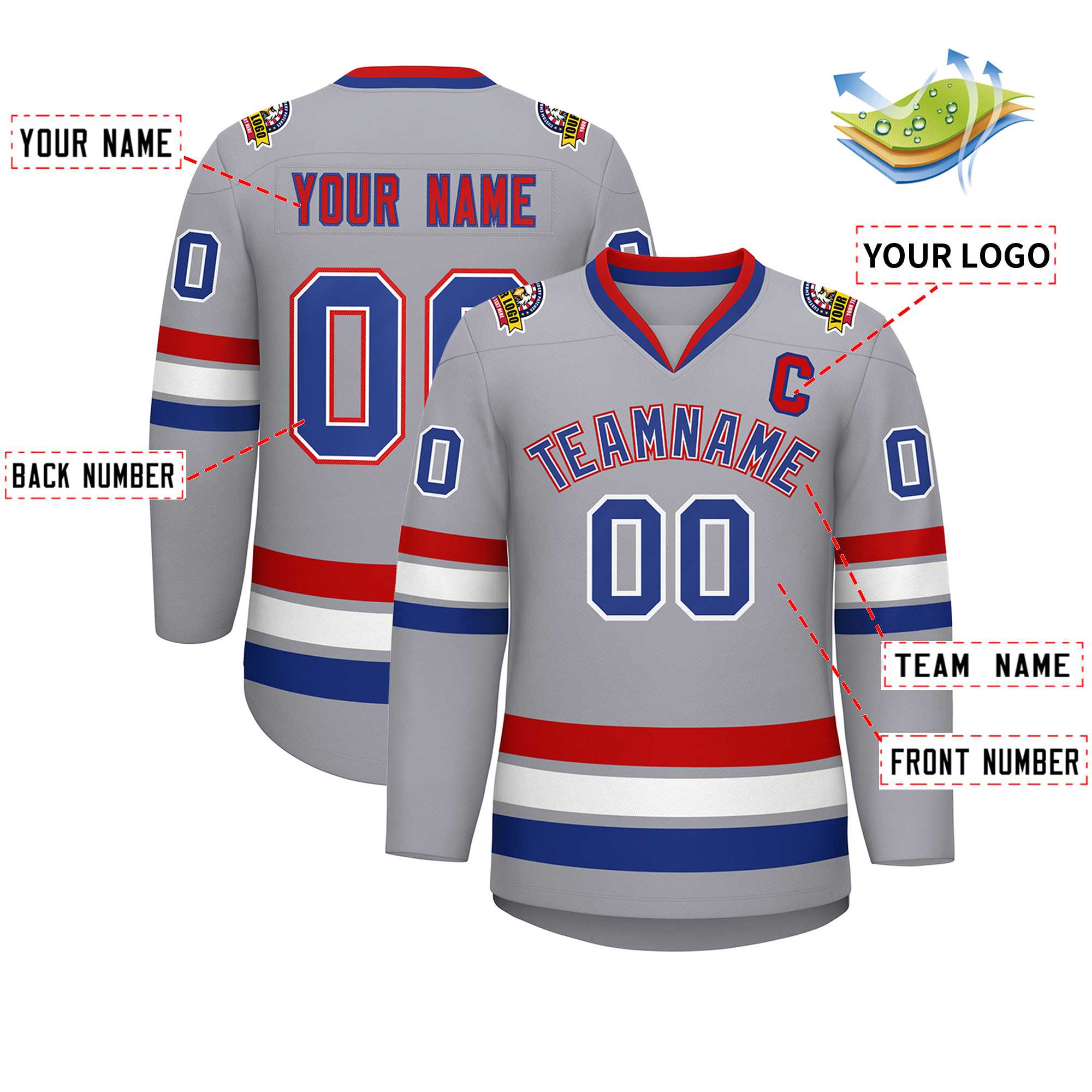 Custom Gray Royal White-Red Classic Style Hockey Jersey | KXKSHOP