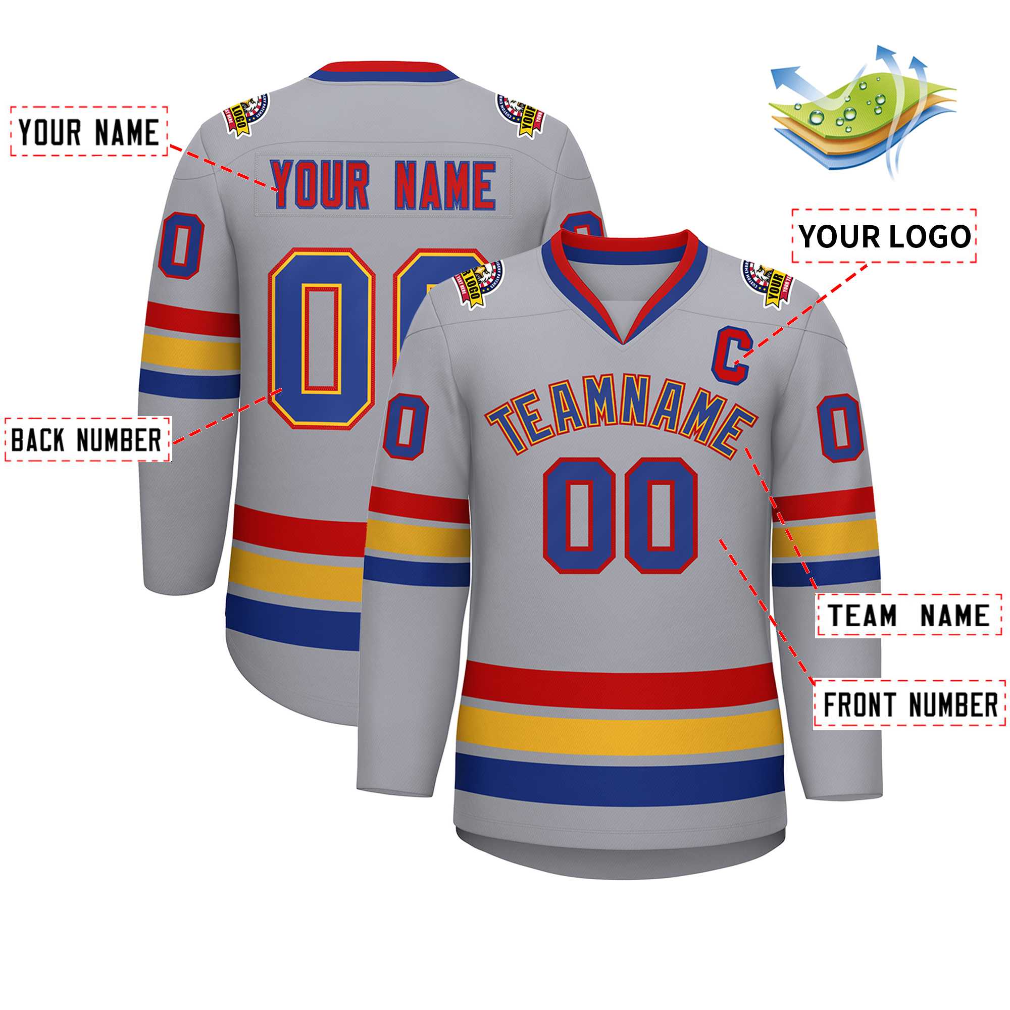 Custom Gray Royal Gold-Red Classic Style Hockey Jersey | KXKSHOP