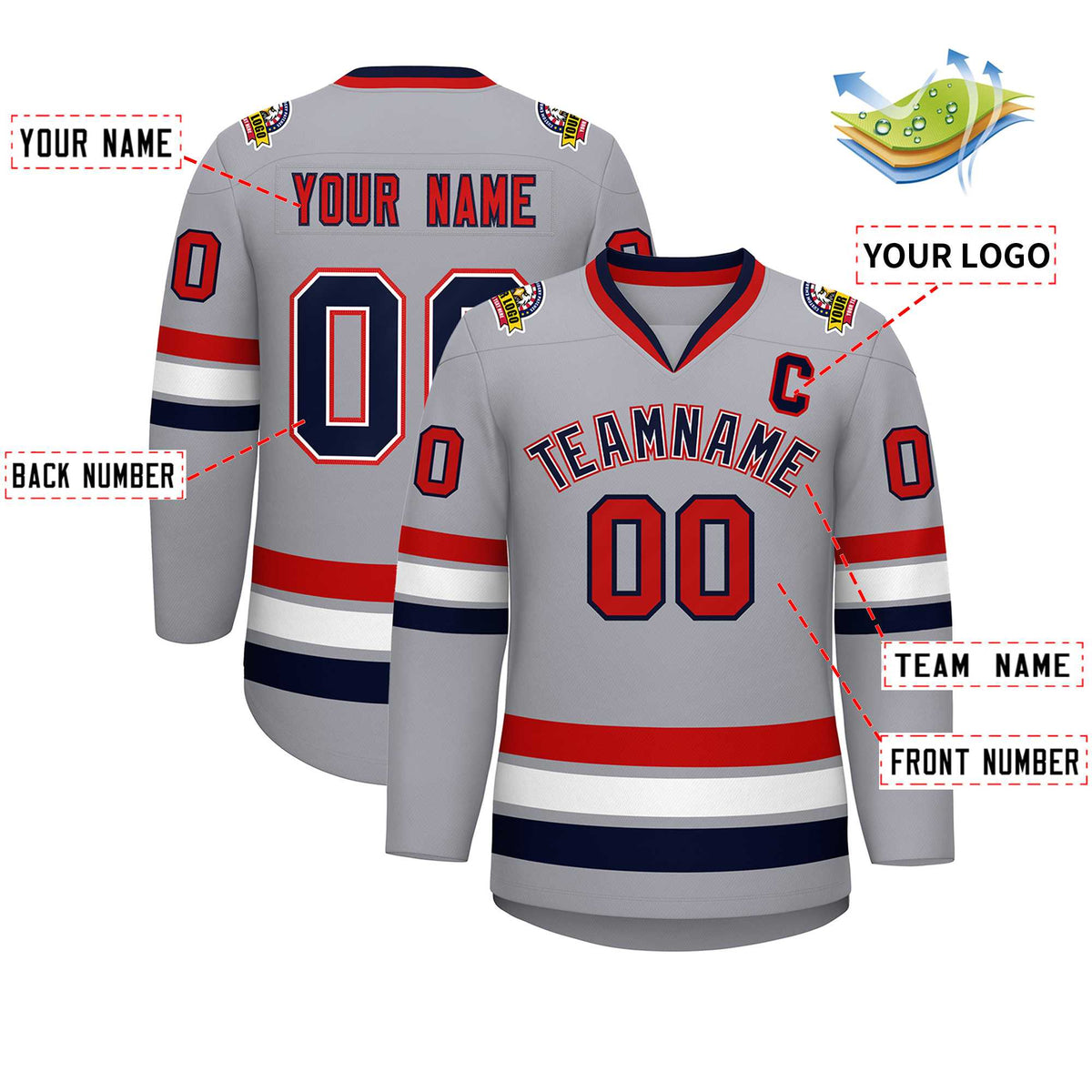 Custom Gray Navy White-Red Classic Style Hockey Jersey | KXKSHOP