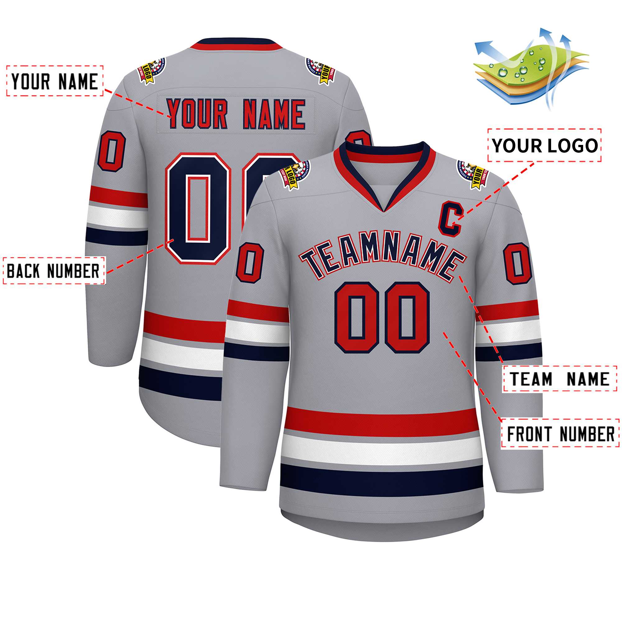Custom Gray Navy White-Red Classic Style Hockey Jersey | KXKSHOP
