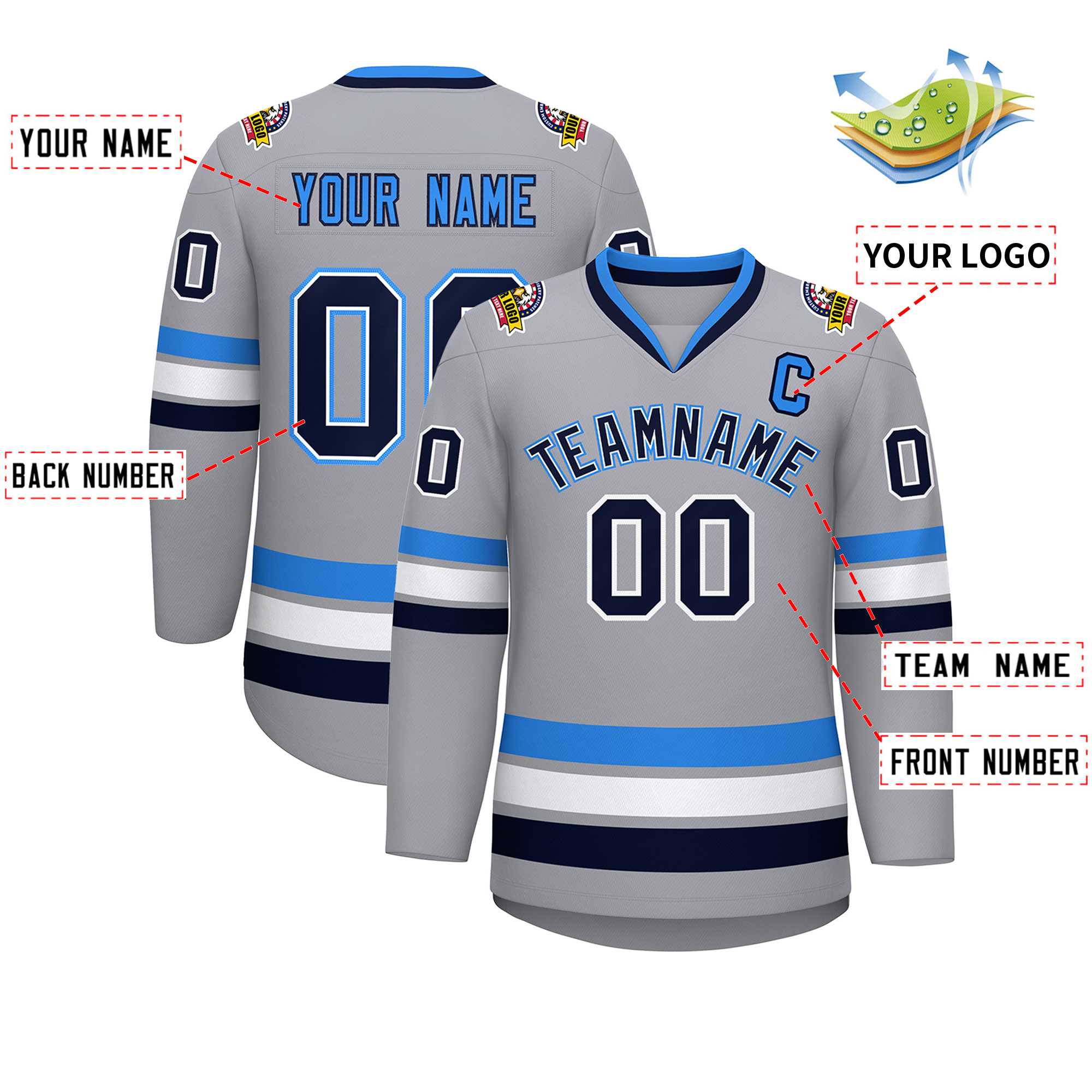 Custom Gray Navy White-Powder Blue Classic Style Hockey Jersey | KXKSHOP