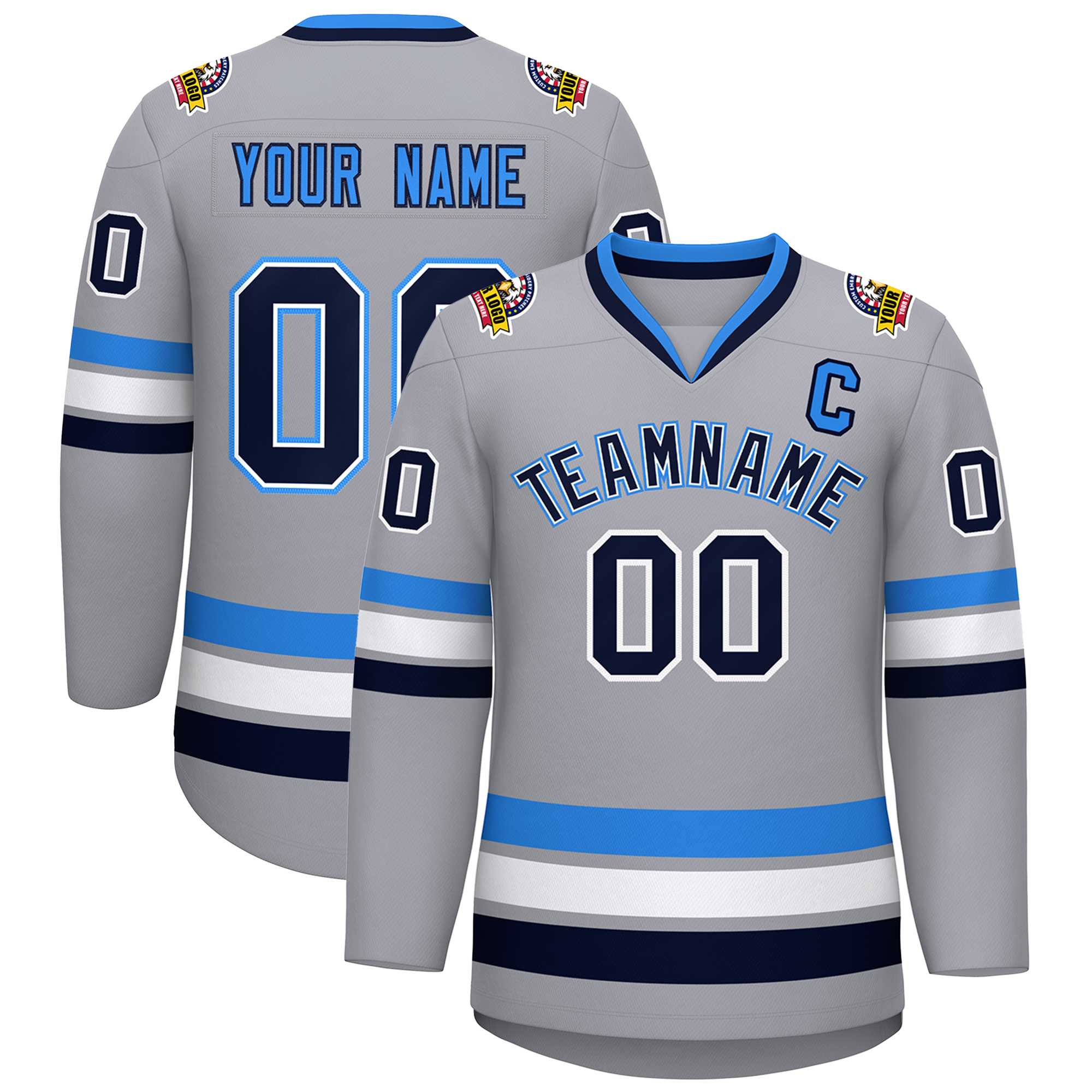 Custom Gray Navy White-Powder Blue Classic Style Hockey Jersey | KXKSHOP