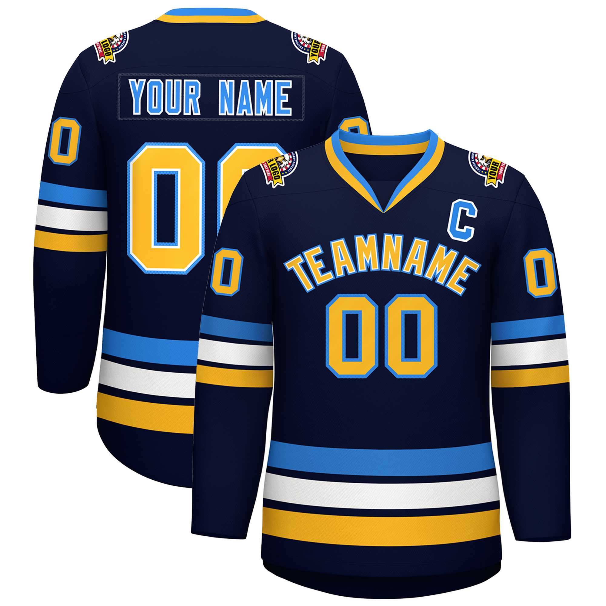 Custom Navy Gold White-Powder Blue Classic Style Hockey Jersey | KXKSHOP