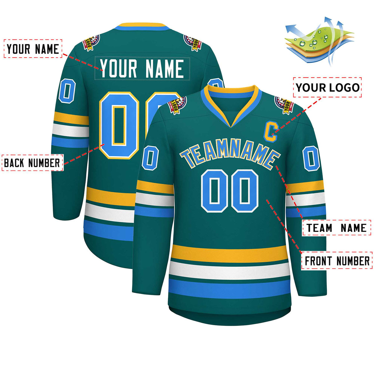 Custom Aqua Powder Blue White-Gold Classic Style Hockey Jersey | KXKSHOP