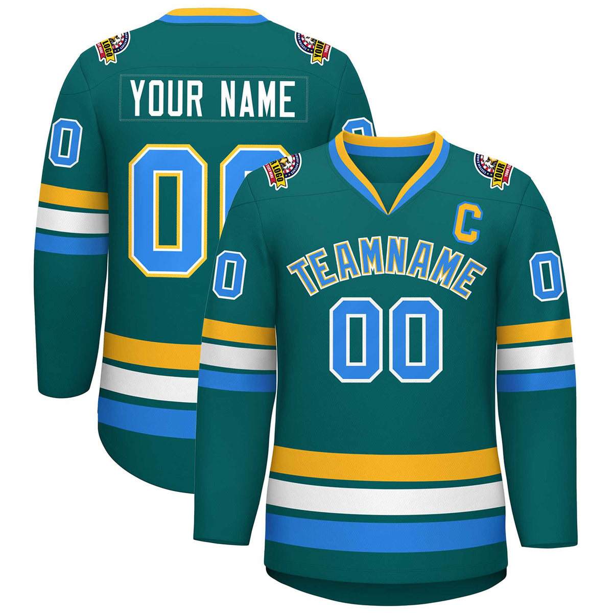 Custom Aqua Powder Blue White-Gold Classic Style Hockey Jersey | KXKSHOP