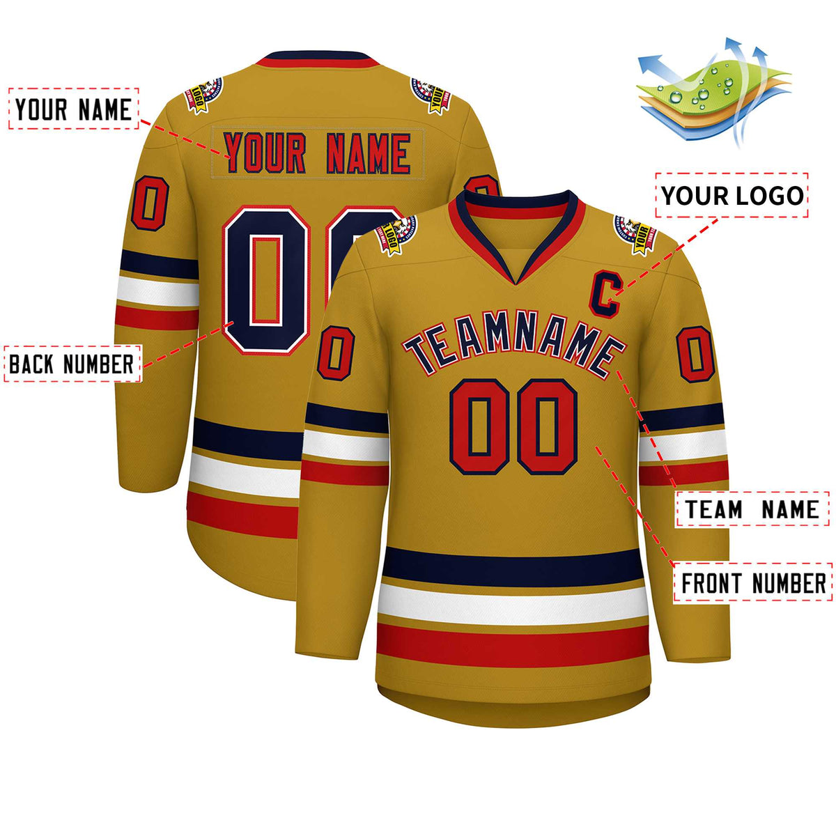 Custom Old Gold Navy White-Red Classic Style Hockey Jersey | KXKSHOP