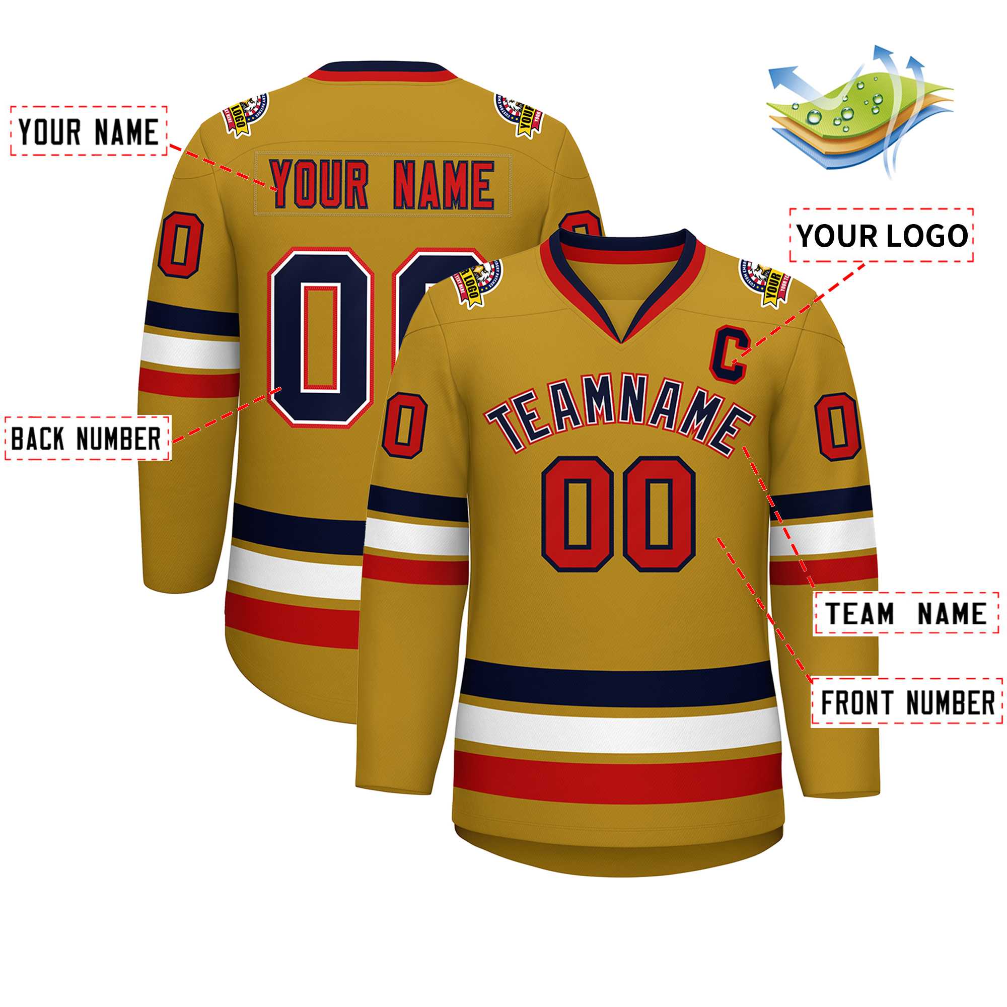 Custom Old Gold Navy White-Red Classic Style Hockey Jersey | KXKSHOP