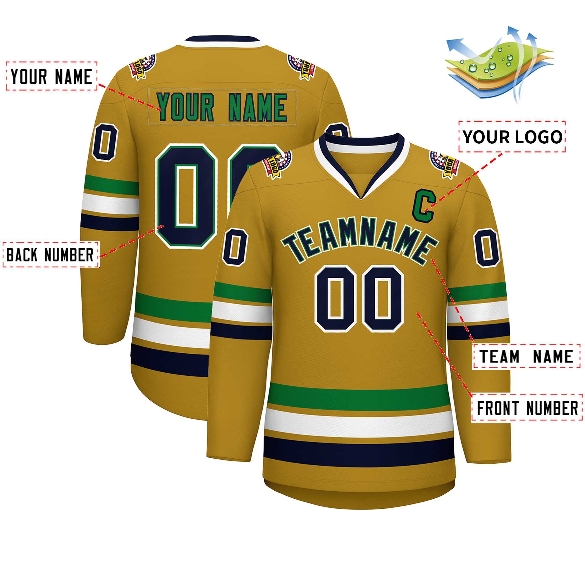 Custom Old Gold Navy Kelly Green-White Classic Style Hockey Jersey | KXKSHOP