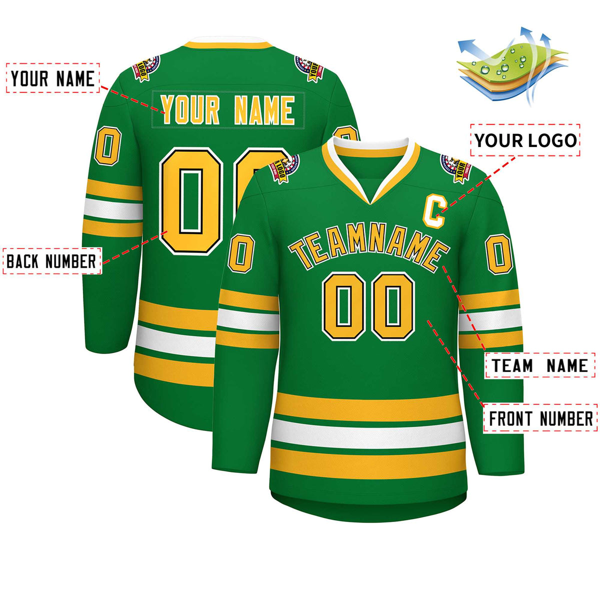 Custom Kelly Green Gold Black-White Classic Style Hockey Jersey | KXKSHOP