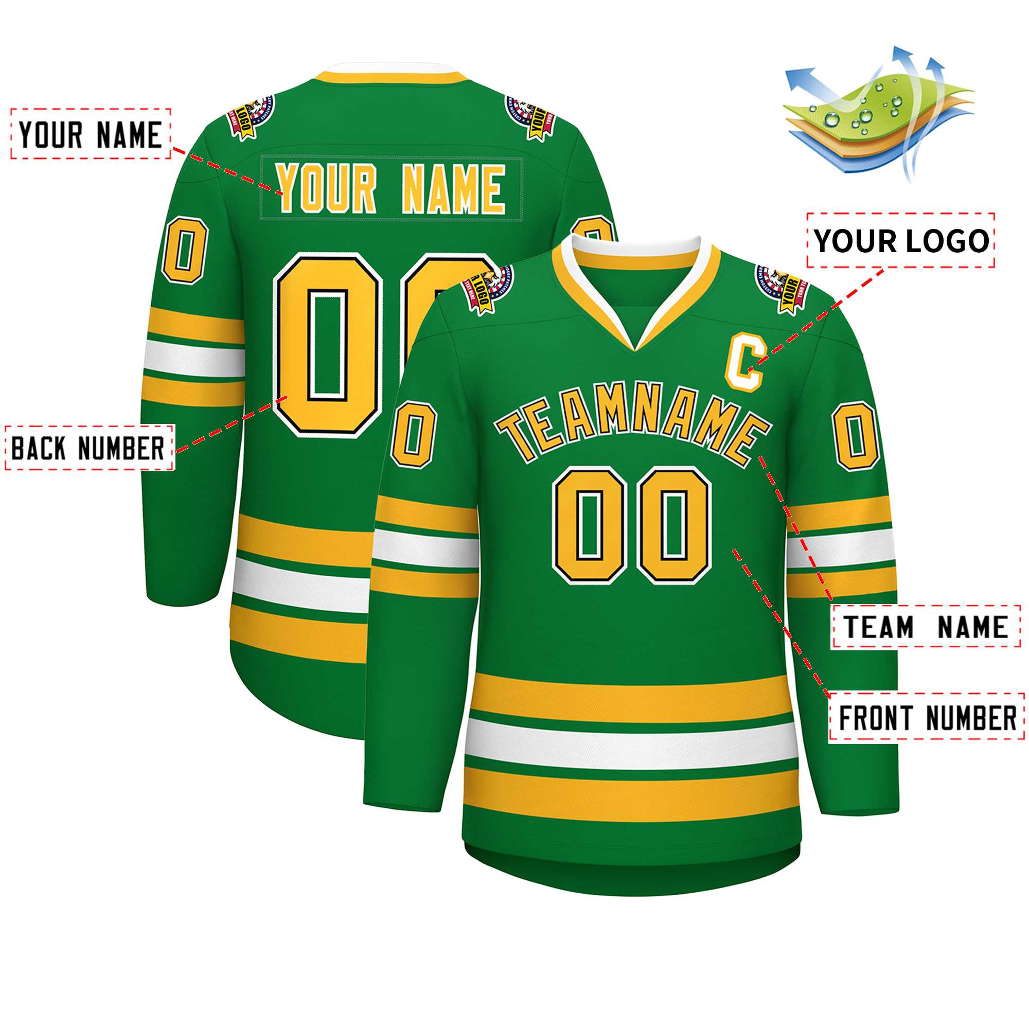 Custom Kelly Green Gold Black-White Classic Style Hockey Jersey | KXKSHOP