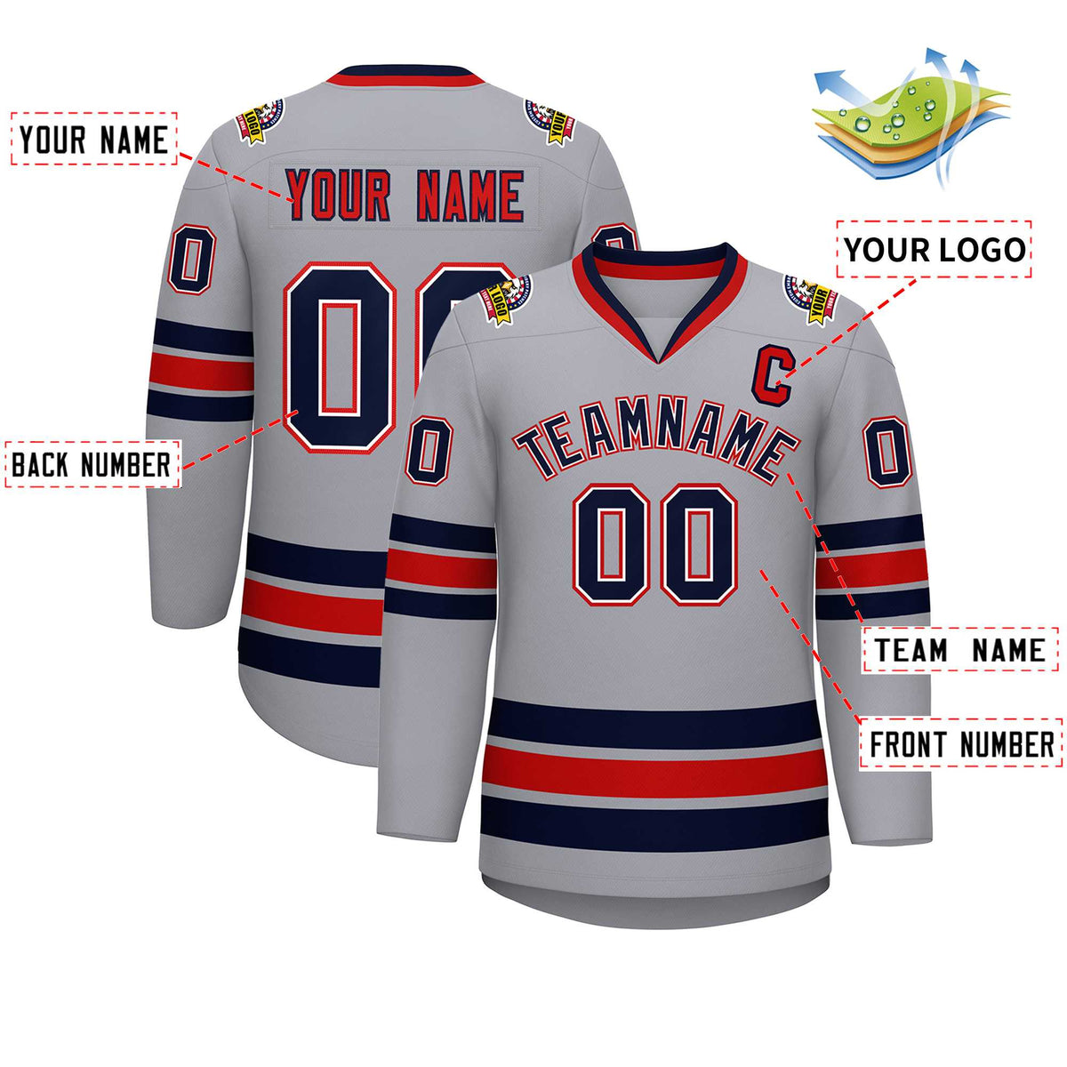 Custom Gray Navy White-Red Classic Style Hockey Jersey | KXKSHOP