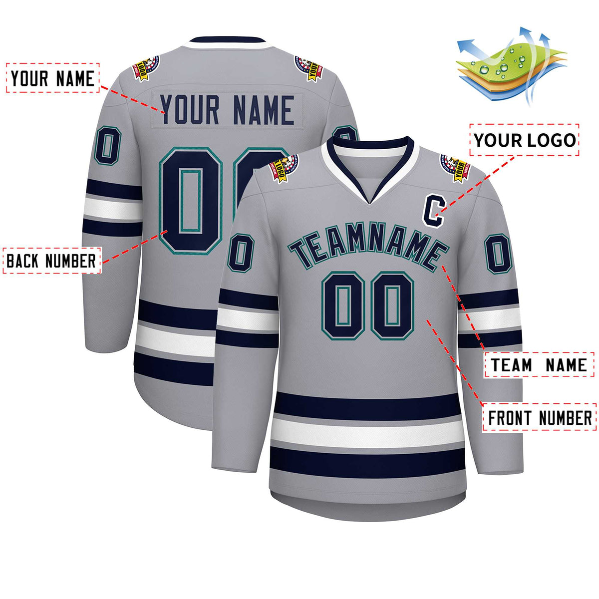 Custom Gray Navy Gray-Aqua Classic Style Hockey Jersey | KXKSHOP