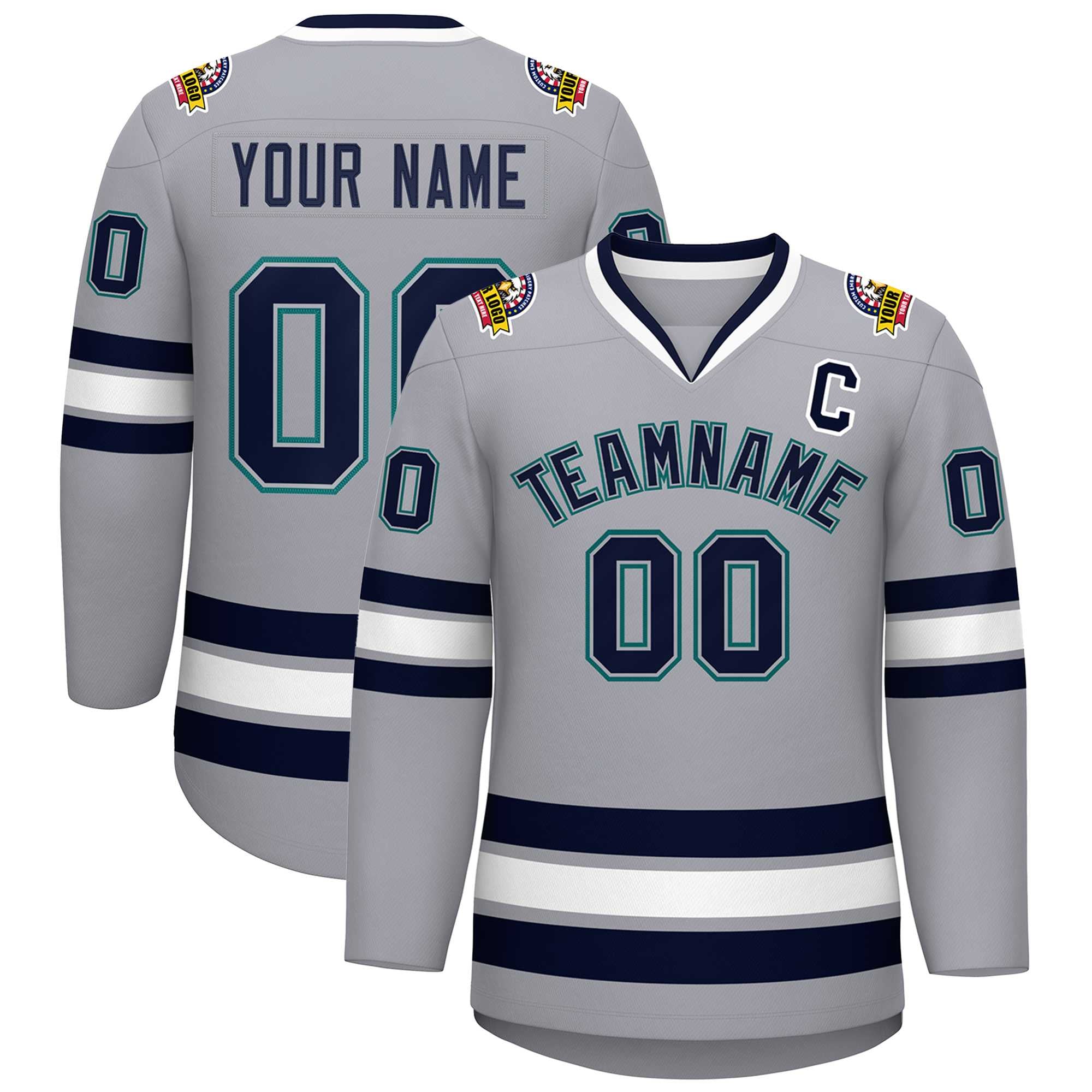 Custom Gray Navy Gray-Aqua Classic Style Hockey Jersey | KXKSHOP