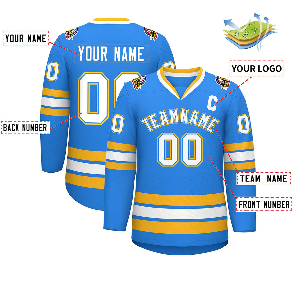 Custom Powder Blue White Powder Blue-Gold Classic Style Hockey Jersey | KXKSHOP