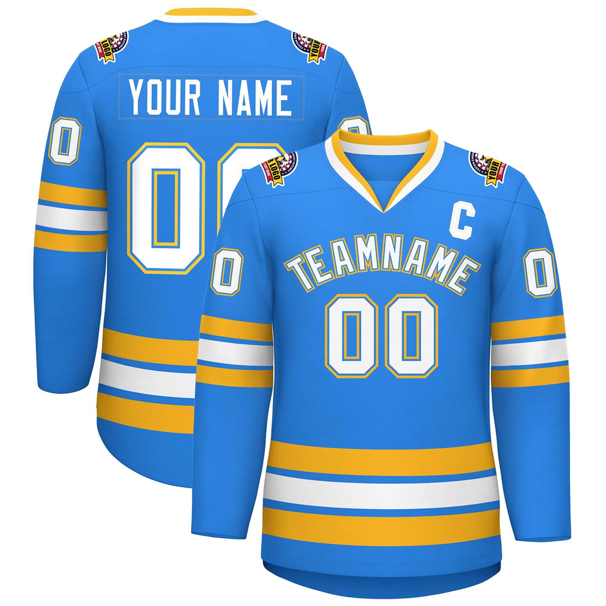 Custom Powder Blue White Powder Blue-Gold Classic Style Hockey Jersey | KXKSHOP