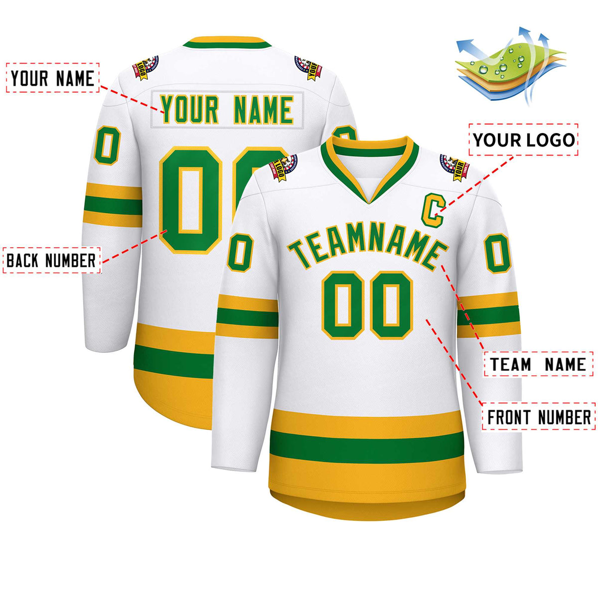 Custom White Kelly Green-Gold Classic Style Hockey Jersey | KXKSHOP