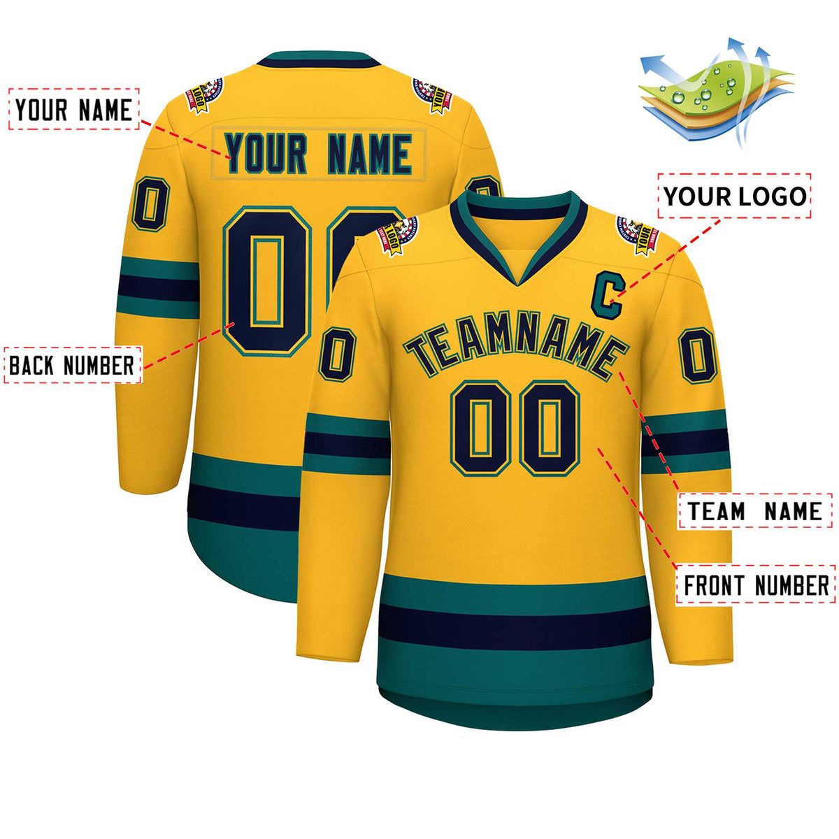 Custom Gold Navy Gold-Aqua Classic Style Hockey Jersey | KXKSHOP