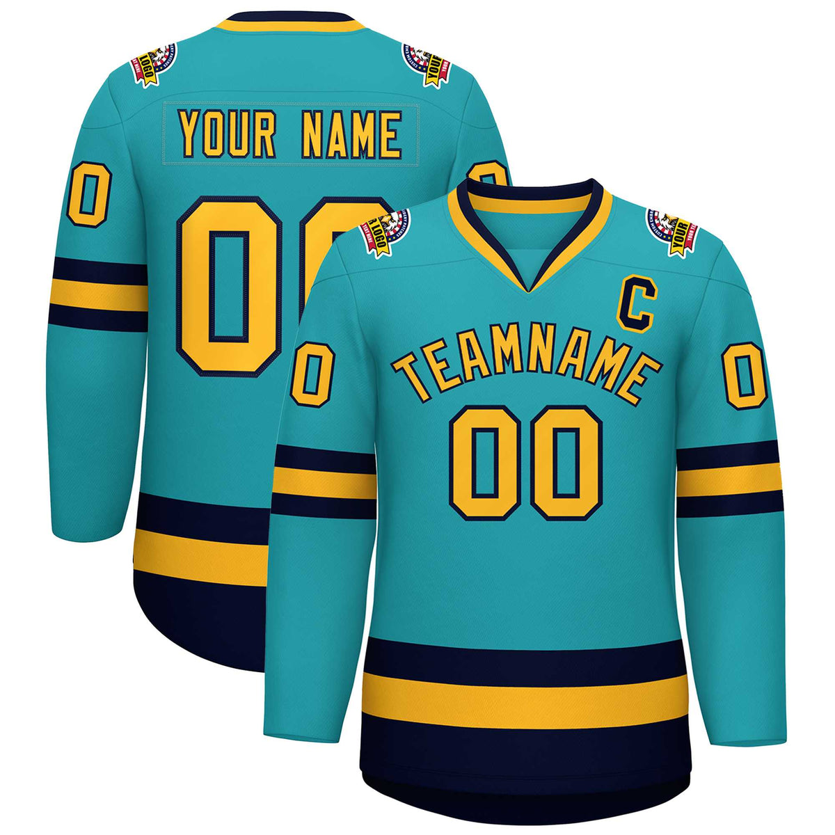 Custom Aqua Gold-Navy Classic Style Hockey Jersey | KXKSHOP