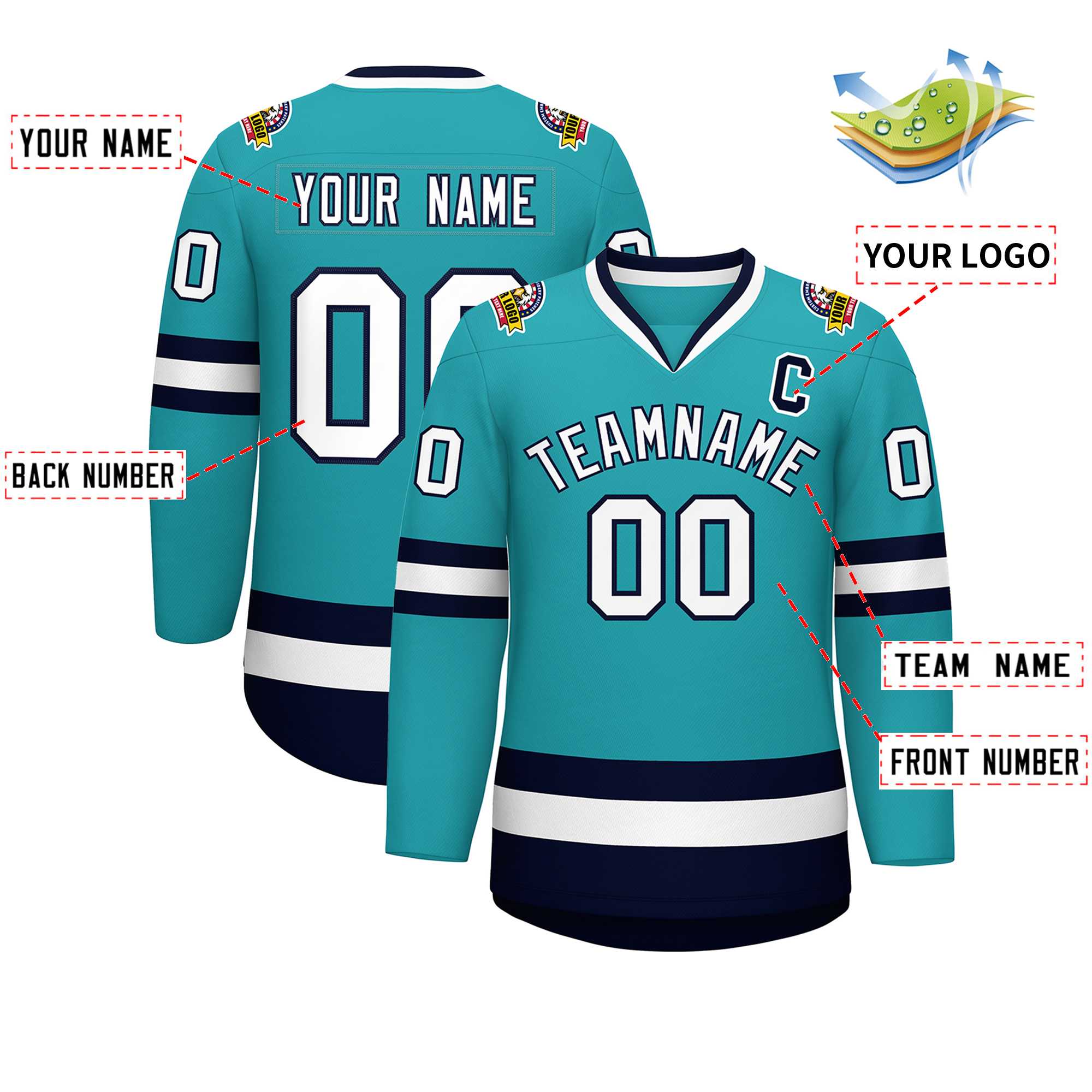 Custom Aqua White-Navy Classic Style Hockey Jersey | KXKSHOP