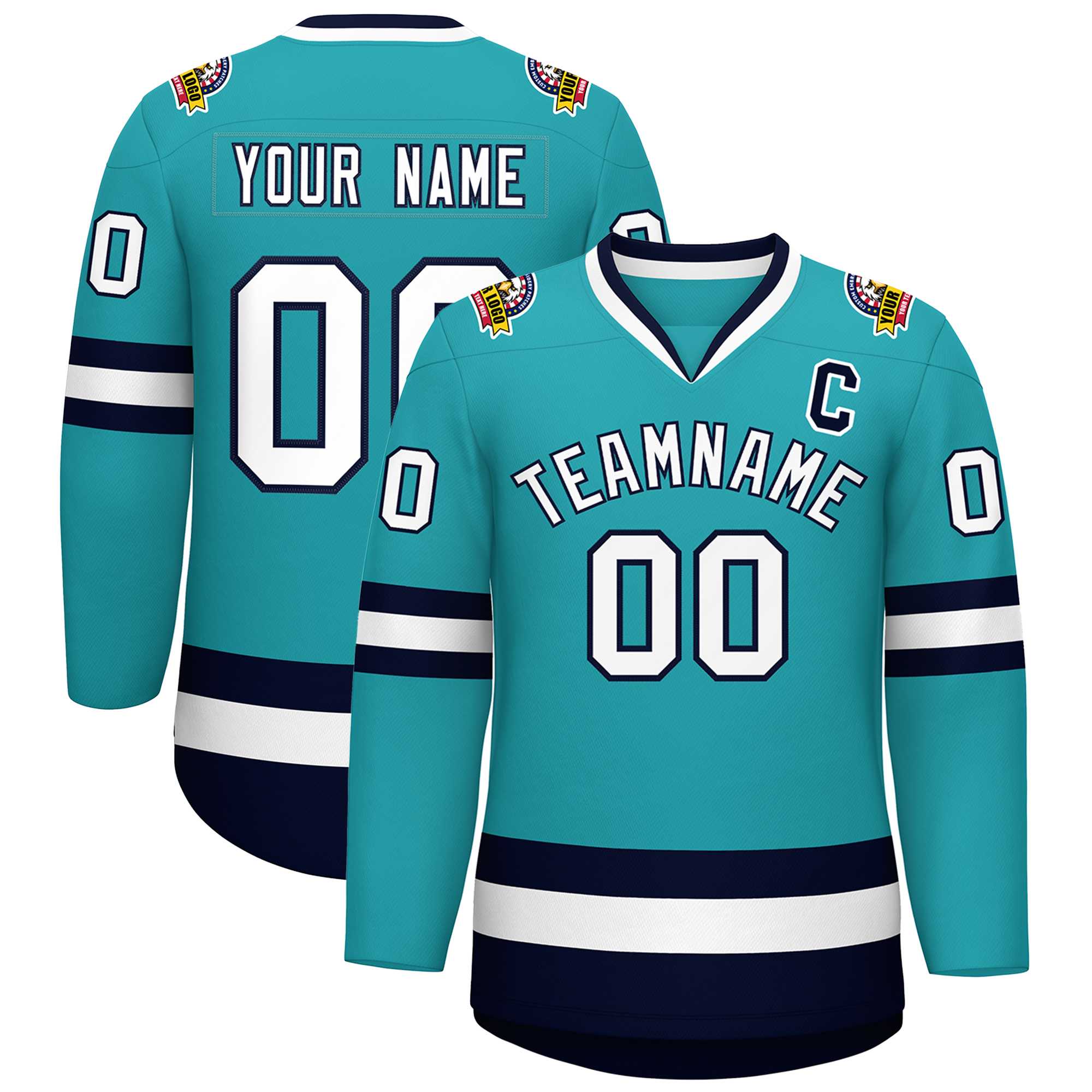 Custom Aqua White-Navy Classic Style Hockey Jersey | KXKSHOP