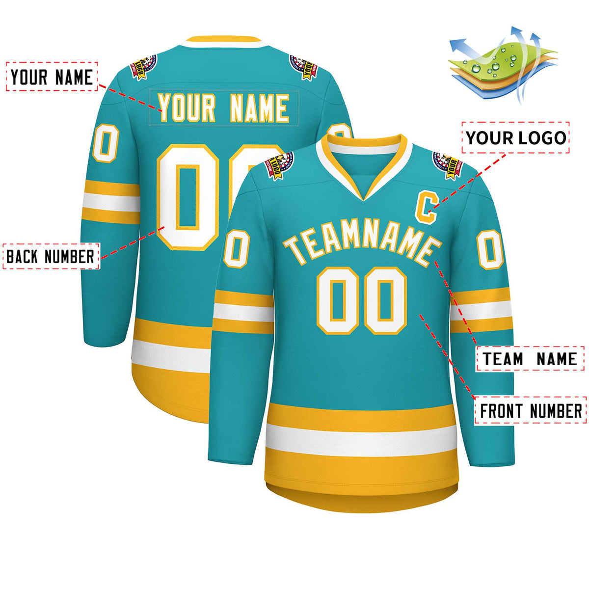 Custom Aqua White-Gold Classic Style Hockey Jersey | KXKSHOP
