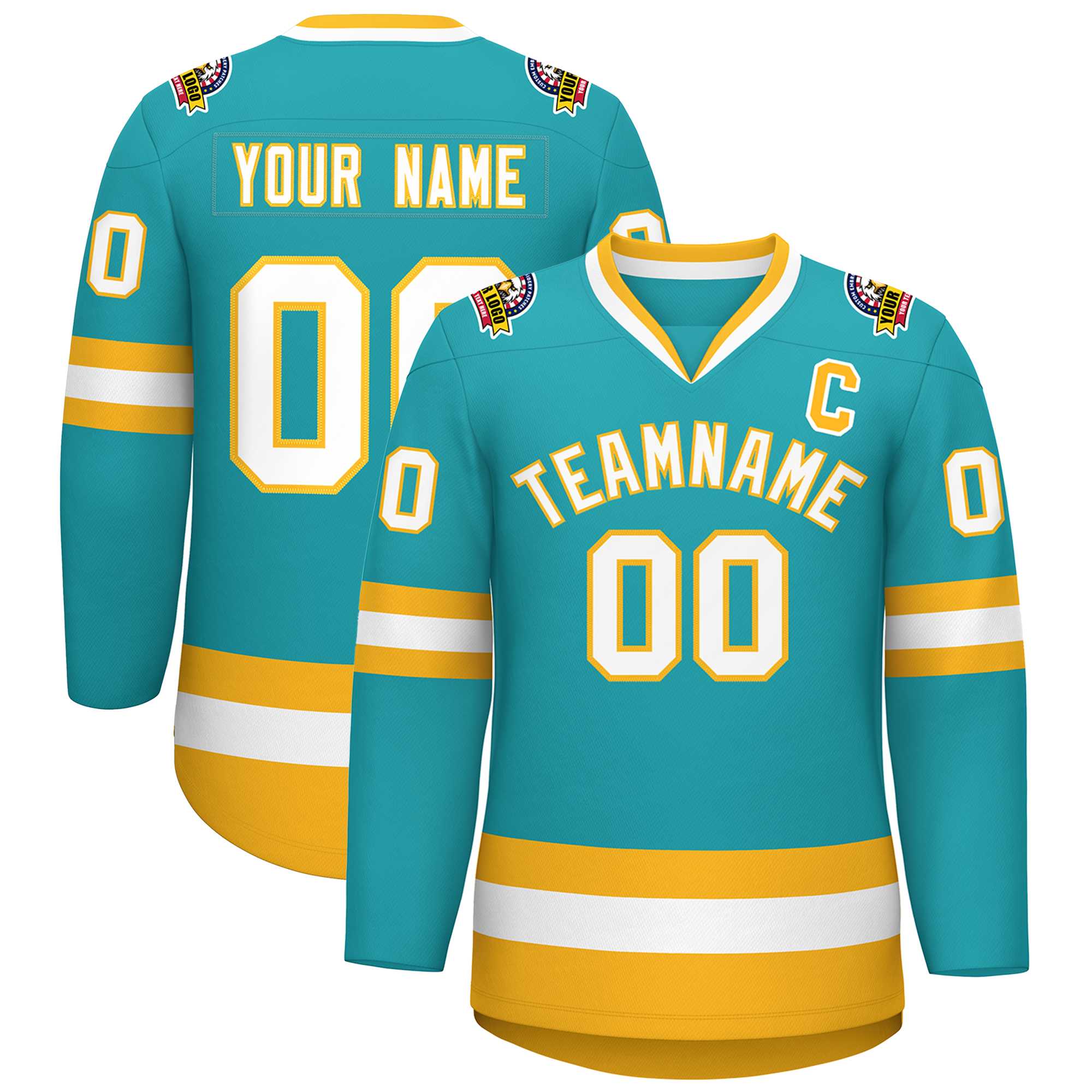 Custom Aqua White-Gold Classic Style Hockey Jersey | KXKSHOP