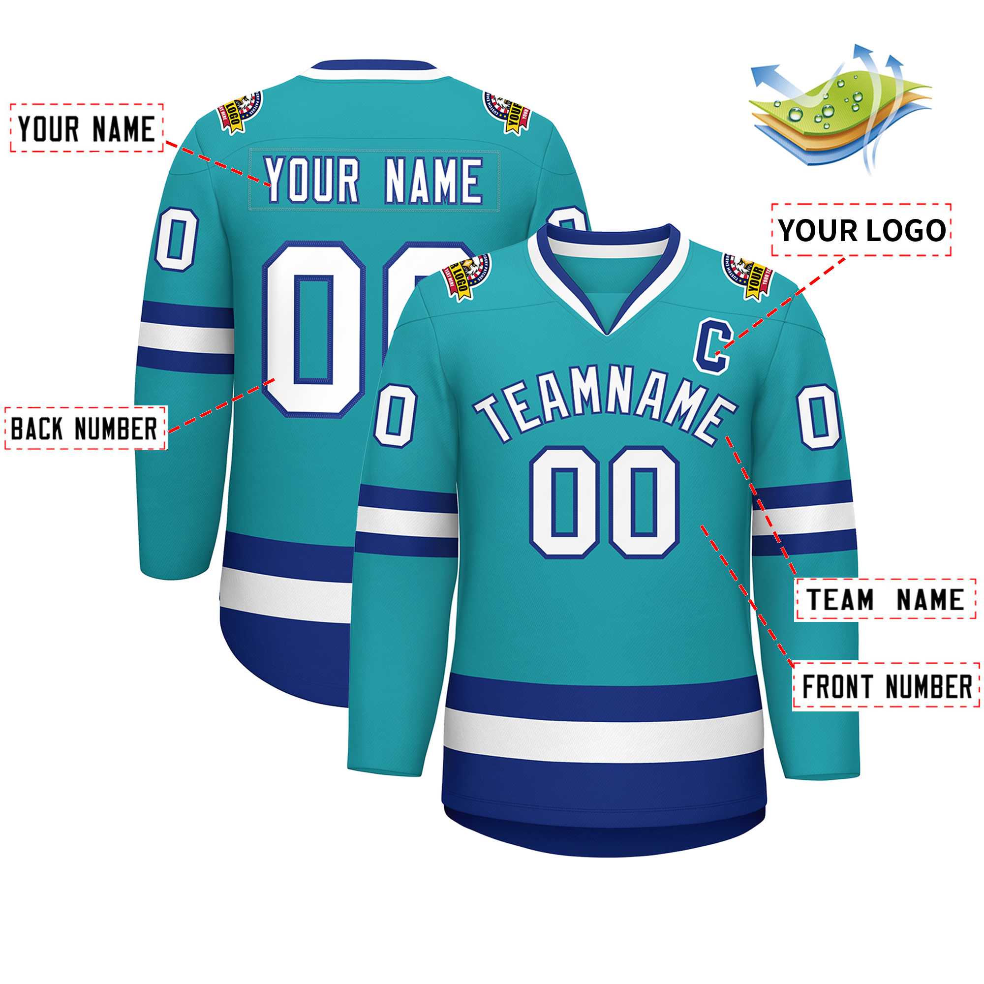 Custom Aqua White-Royal Classic Style Hockey Jersey | KXKSHOP