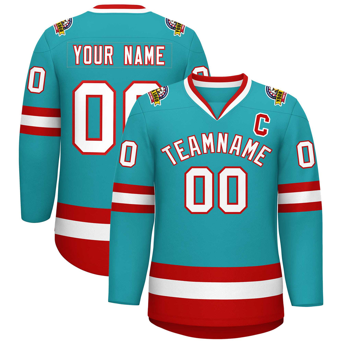 Custom Aqua White-Red Classic Style Hockey Jersey | KXKSHOP