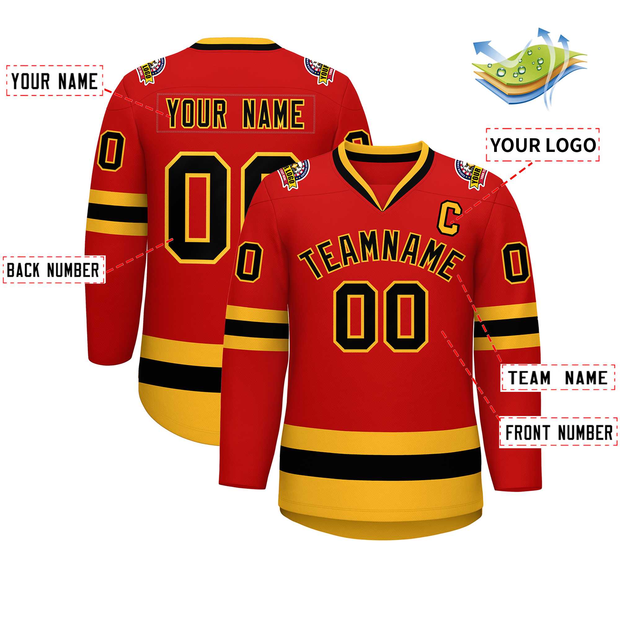 Custom Red Black-Gold Classic Style Hockey Jersey | KXKSHOP