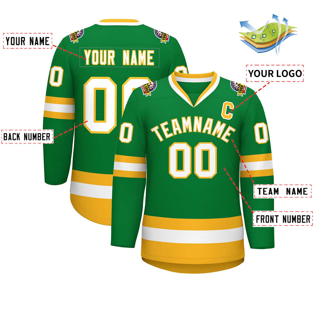 Custom Kelly Green White-Gold Classic Style Hockey Jersey | KXKSHOP