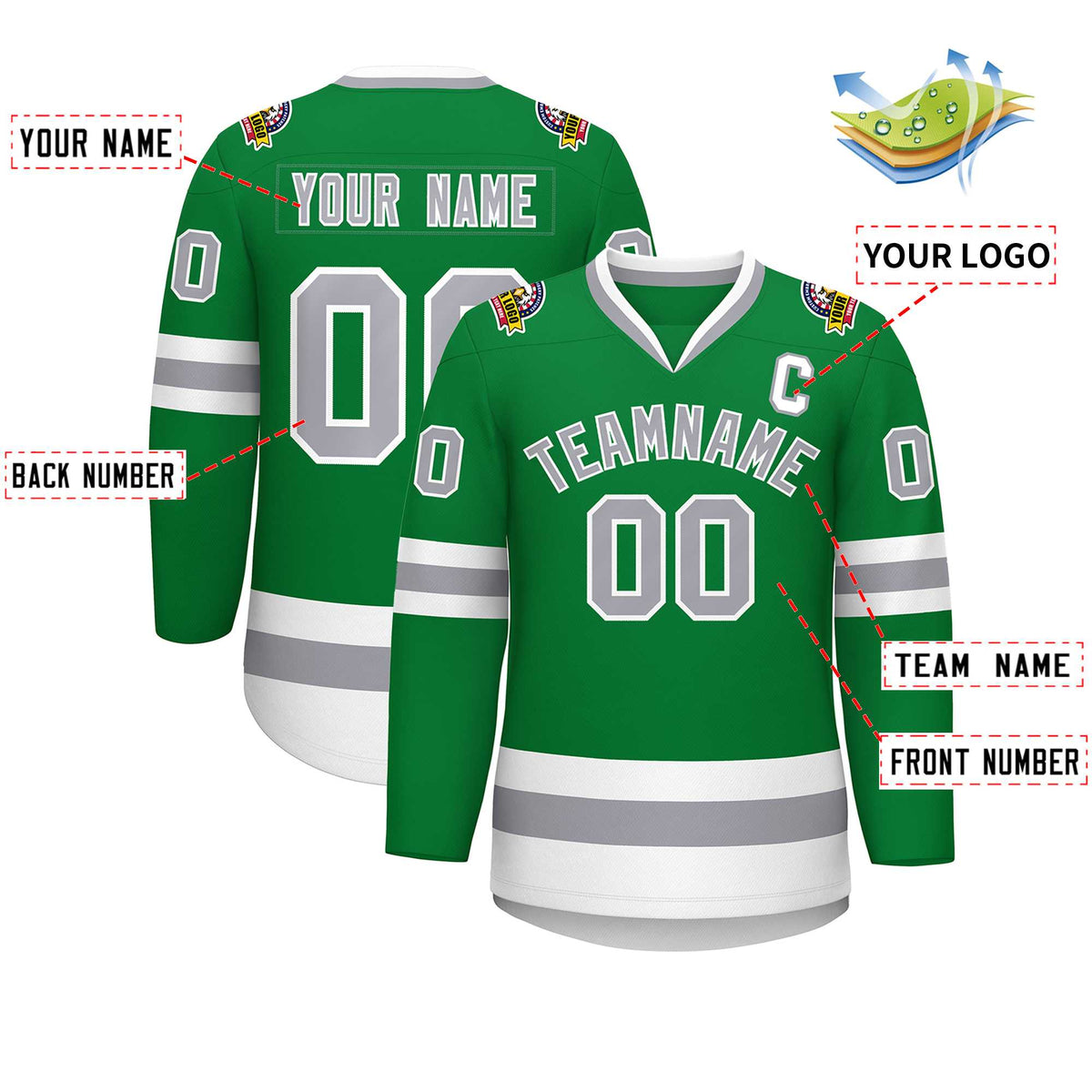 Custom Kelly Green Gray-White Classic Style Hockey Jersey | KXKSHOP