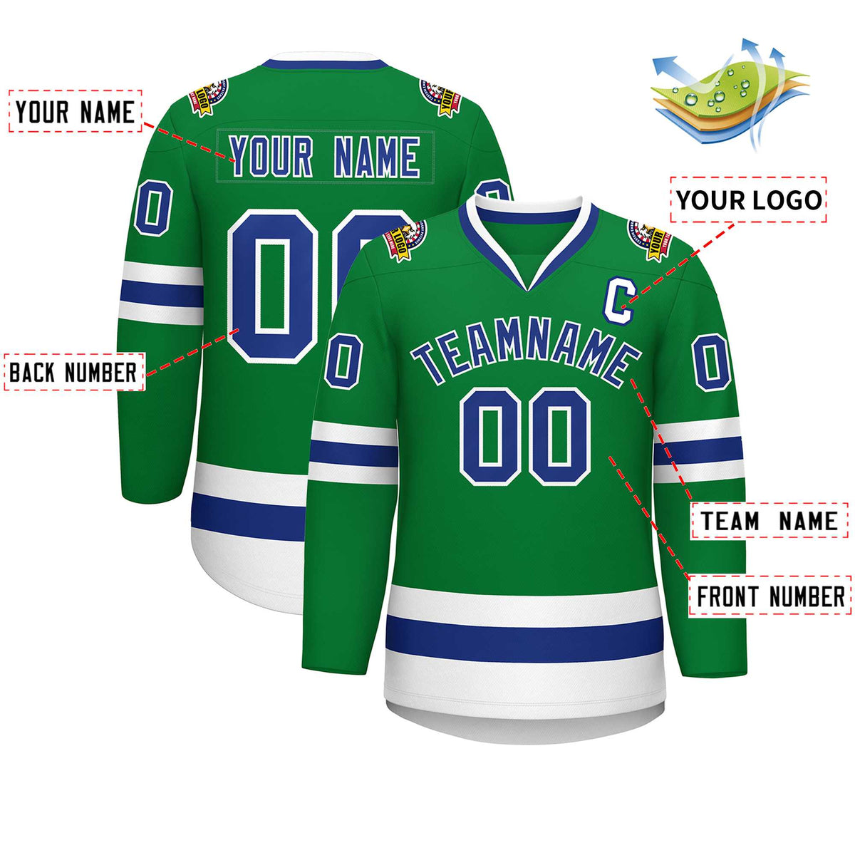 Custom Kelly Green Royal-White Classic Style Hockey Jersey | KXKSHOP