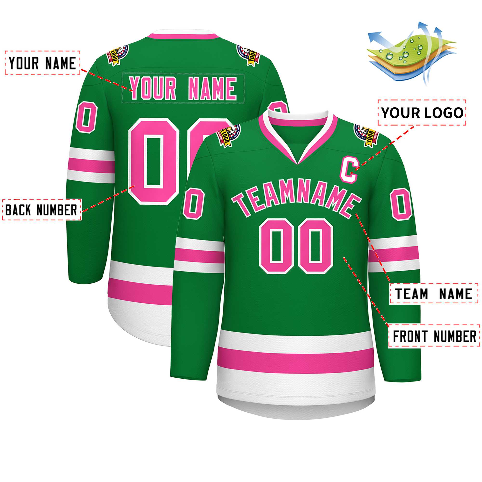 Custom Kelly Green Pink-White Classic Style Hockey Jersey | KXKSHOP