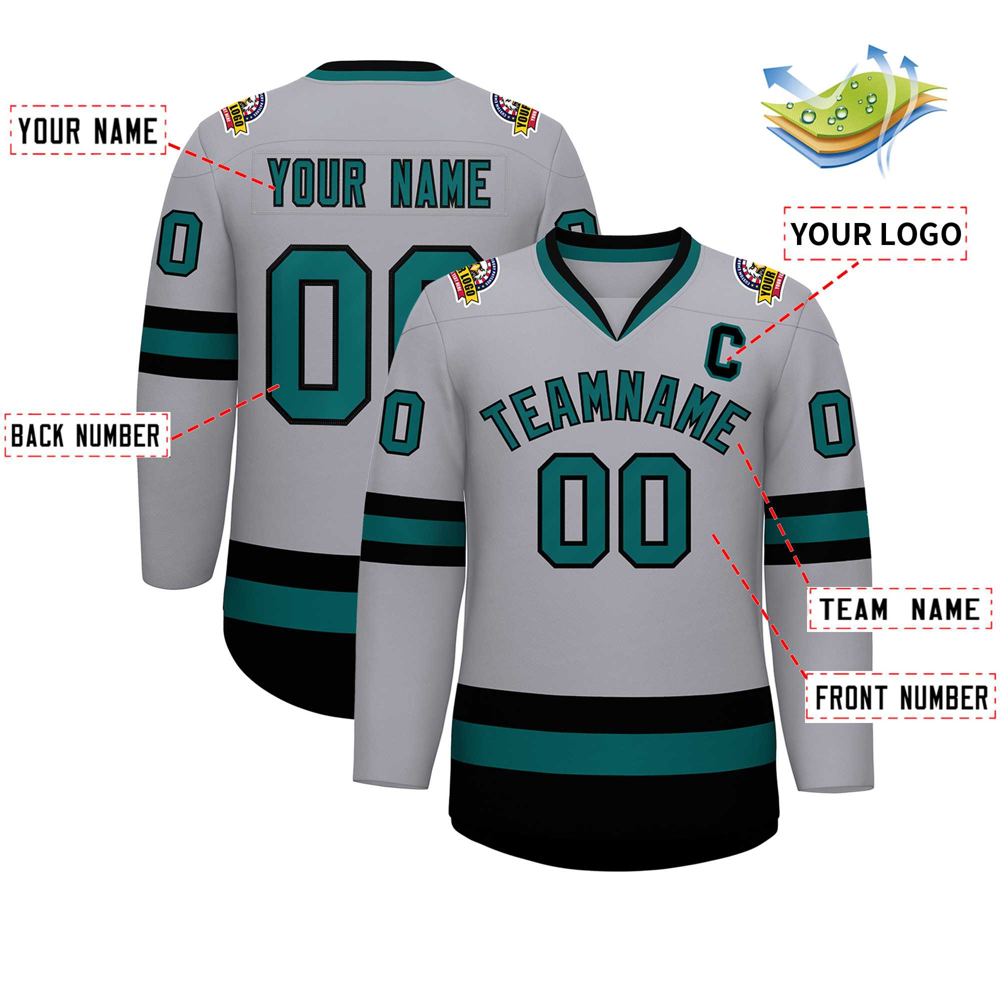 Custom Gray Aqua-Black Classic Style Hockey Jersey | KXKSHOP