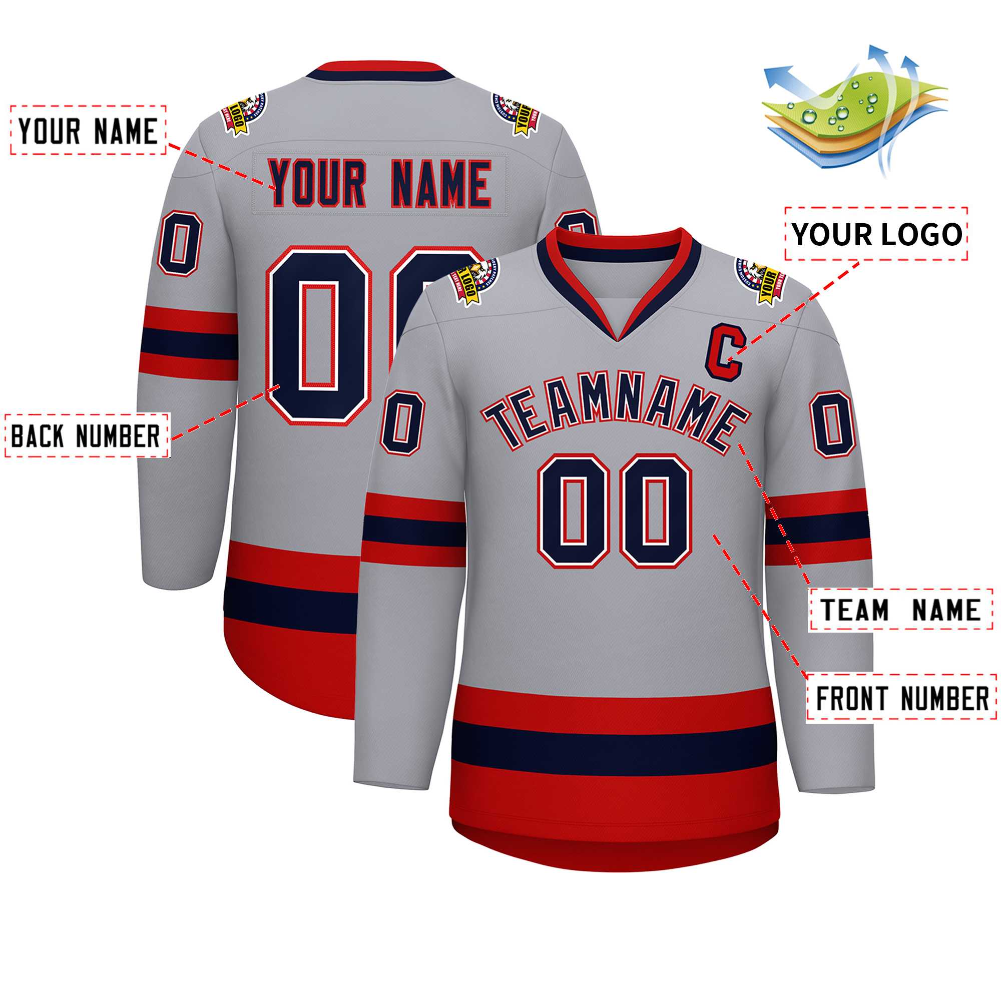 Custom Gray Navy White-Red Classic Style Hockey Jersey | KXKSHOP