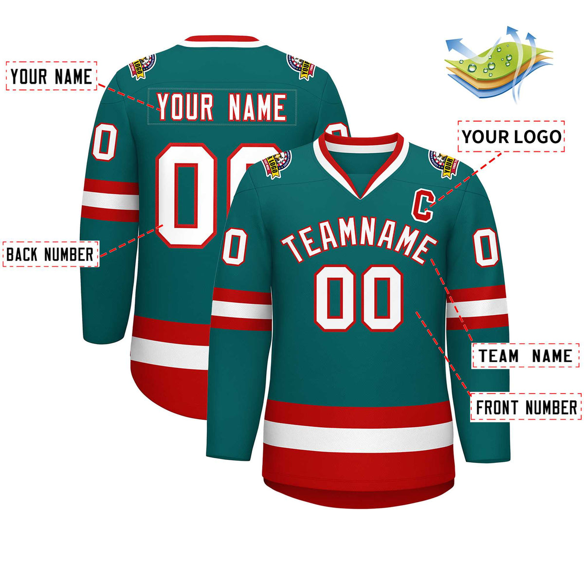 Custom Teal White-Red Classic Style Hockey Jersey | KXKSHOP