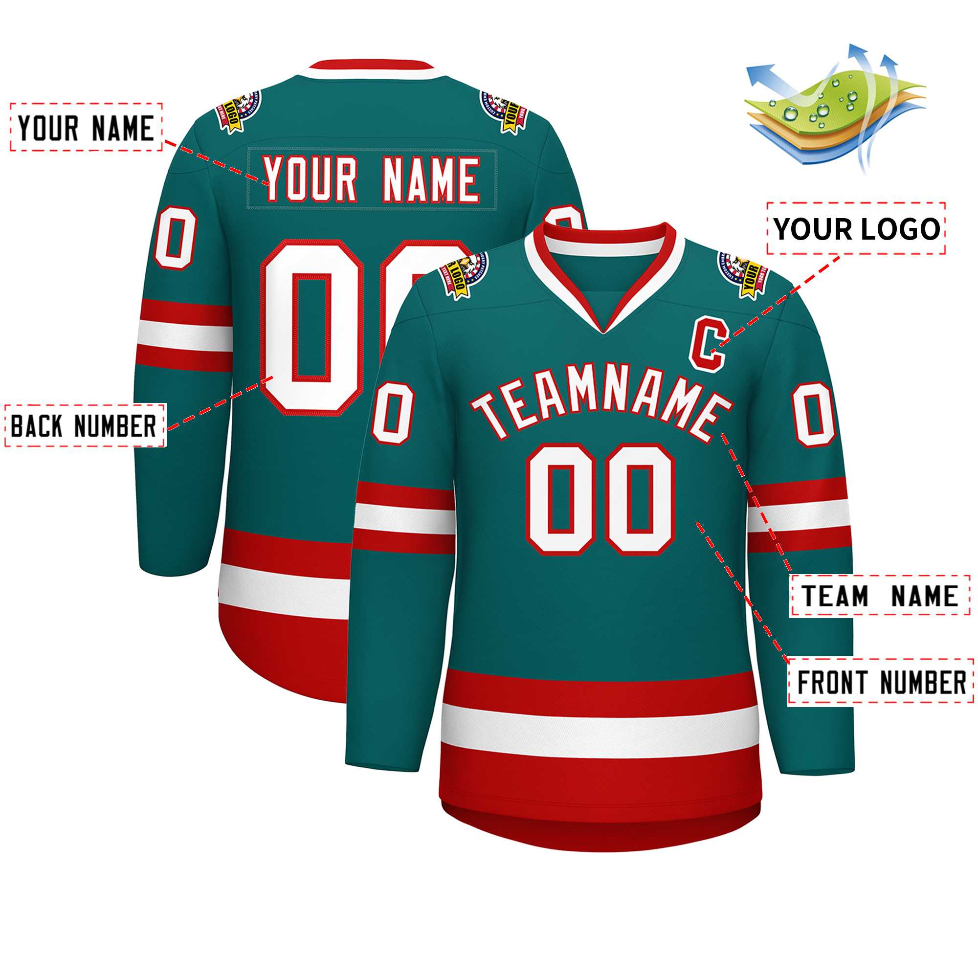 Custom Teal White-Red Classic Style Hockey Jersey | KXKSHOP