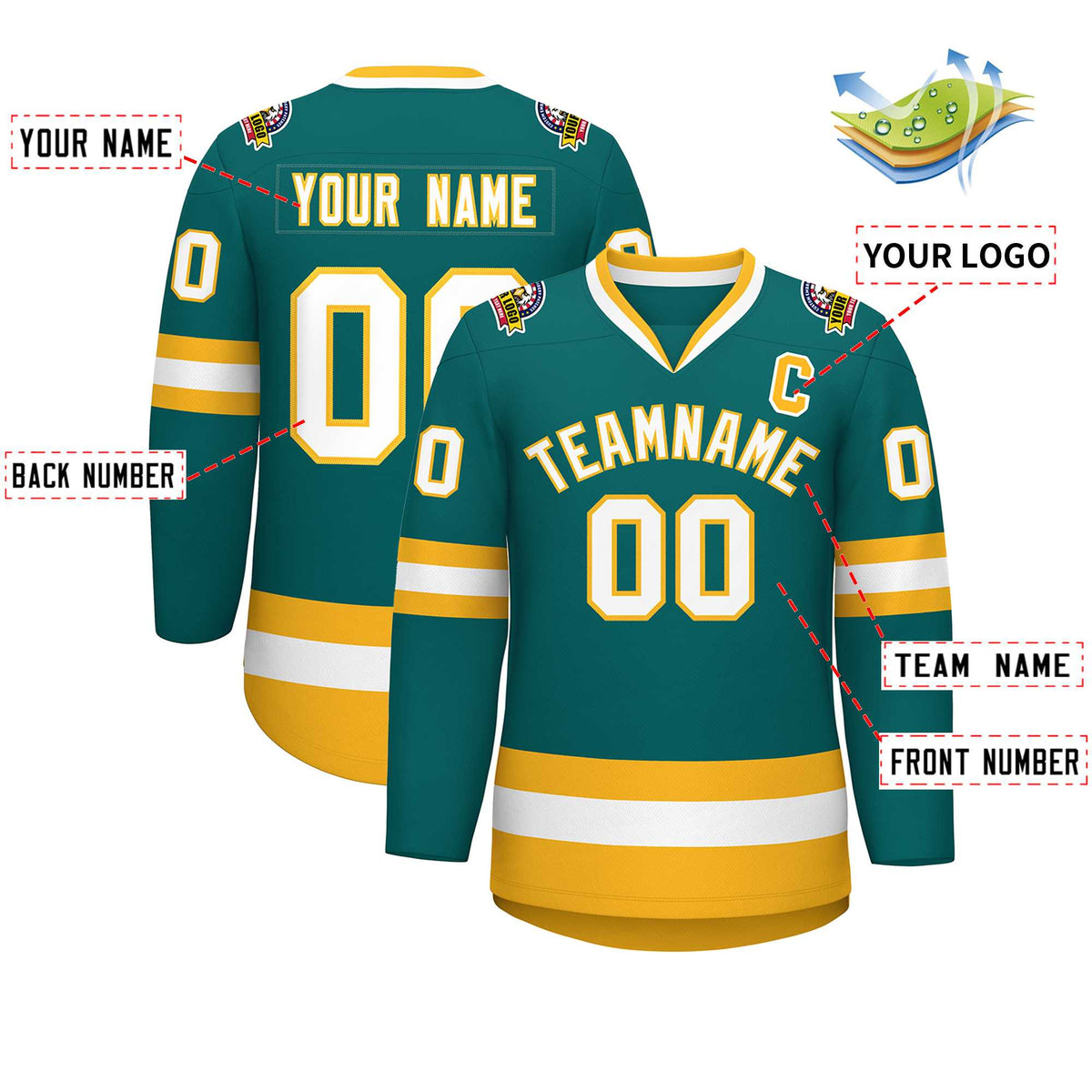 Custom Teal White-Gold Classic Style Hockey Jersey | KXKSHOP