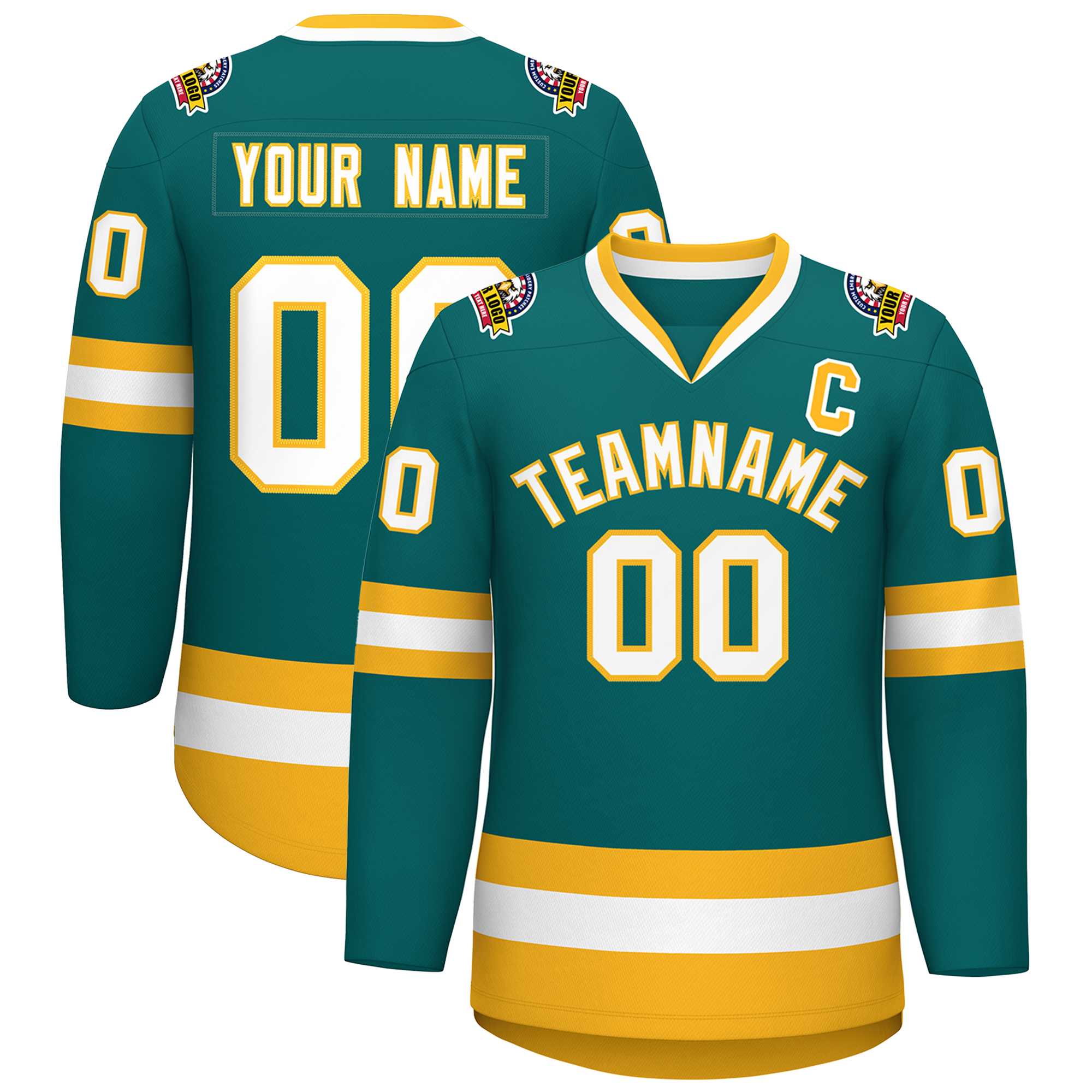 Custom Teal White-Gold Classic Style Hockey Jersey | KXKSHOP
