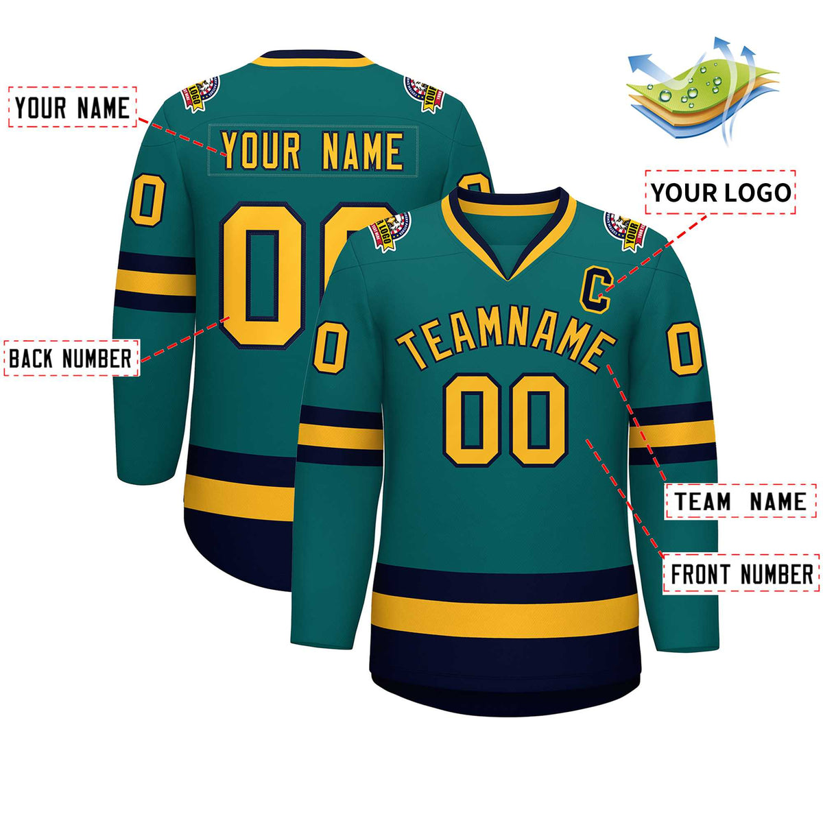 Custom Teal Gold-Navy Classic Style Hockey Jersey | KXKSHOP