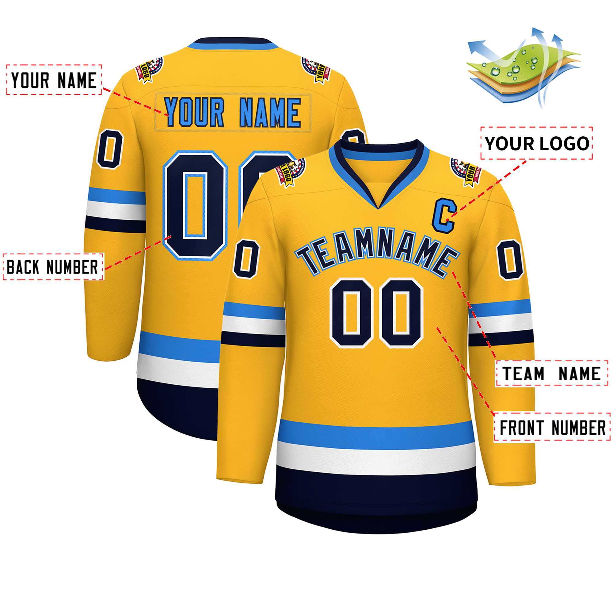 Custom Gold Navy White-Powder Blue Classic Style Hockey Jersey | KXKSHOP
