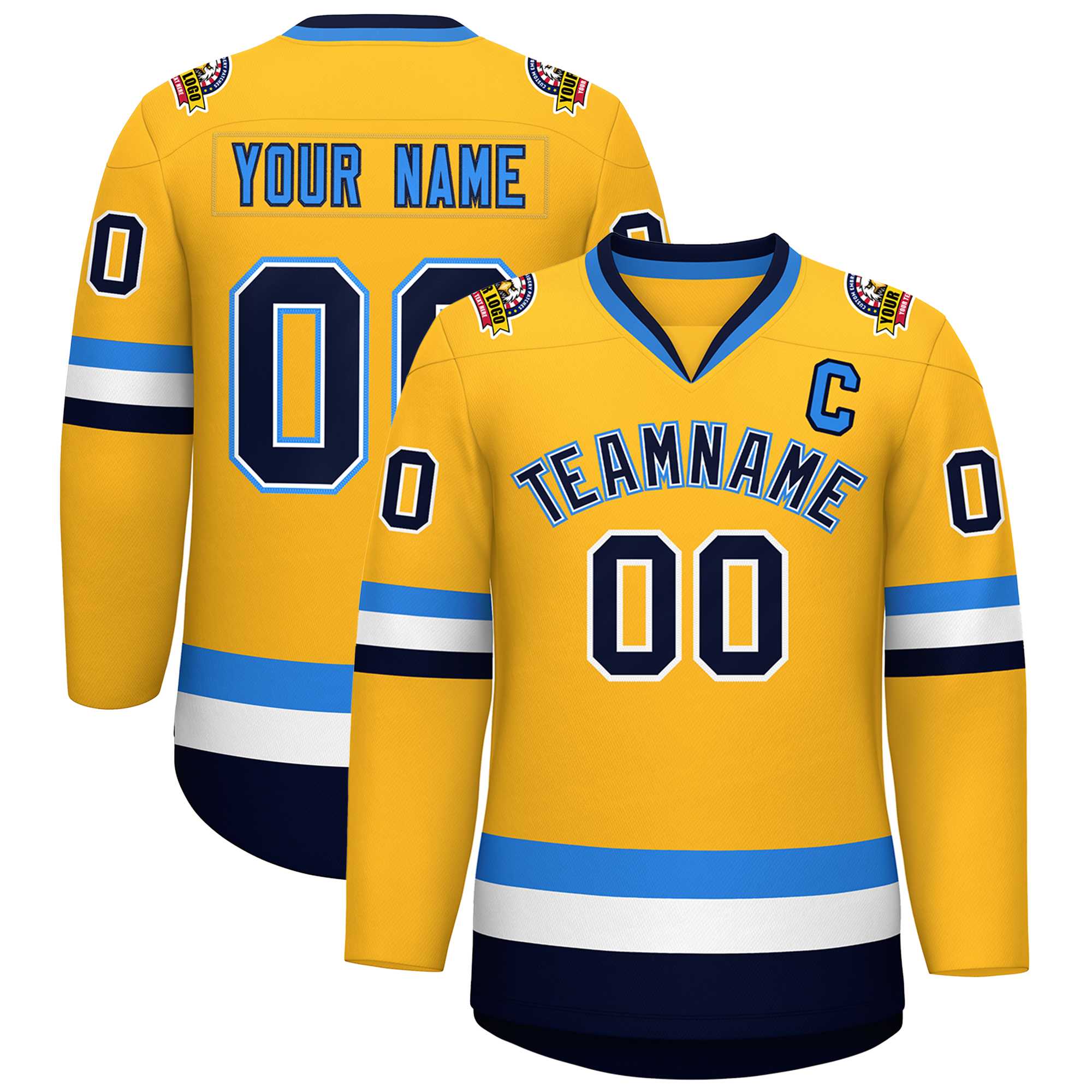 Custom Gold Navy White-Powder Blue Classic Style Hockey Jersey | KXKSHOP